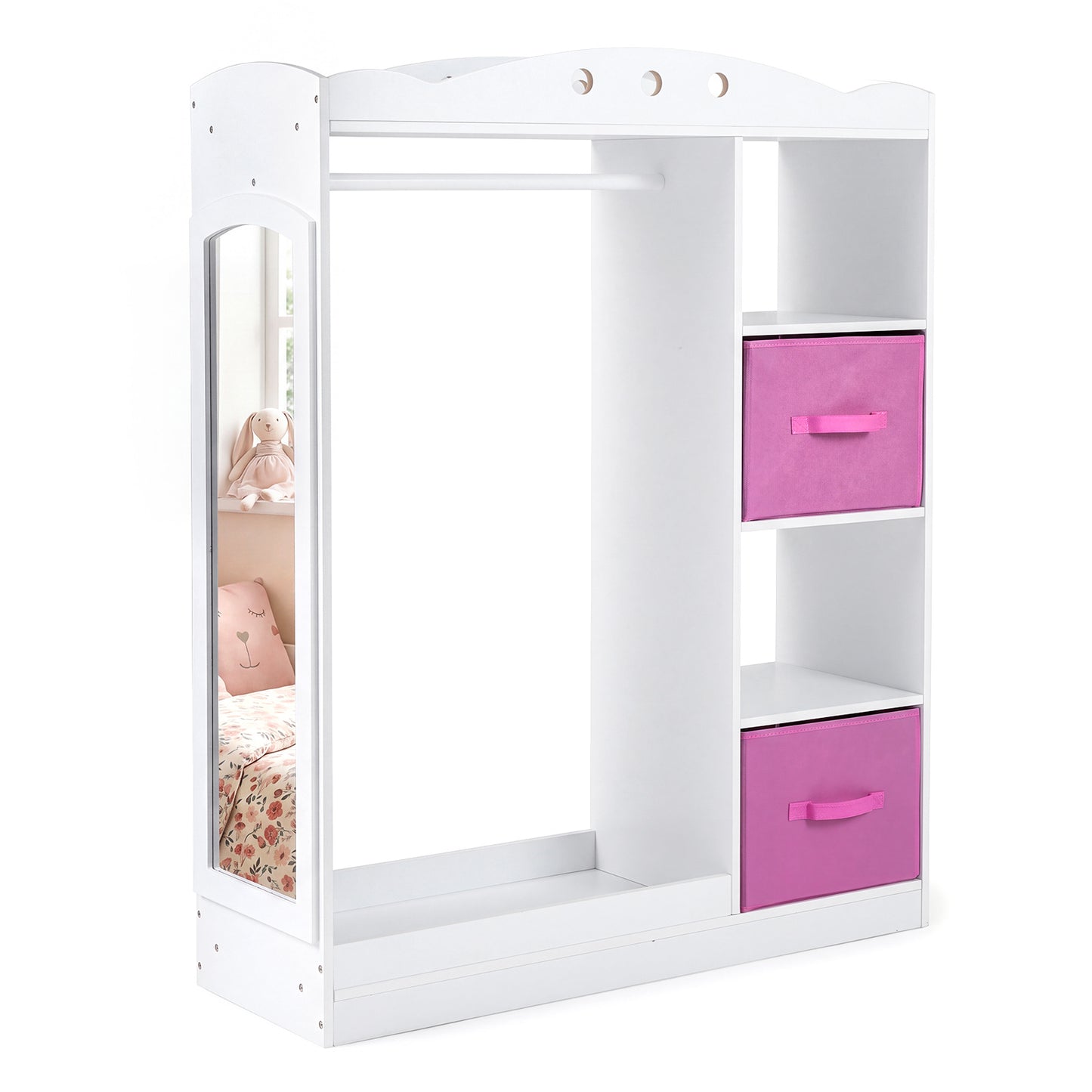 Costway Kindergarderobe met Spiegel Kinder Kledingkast van Hout met Open Planken Kledingstang en Opvouwbare Stoffen Lades Wit