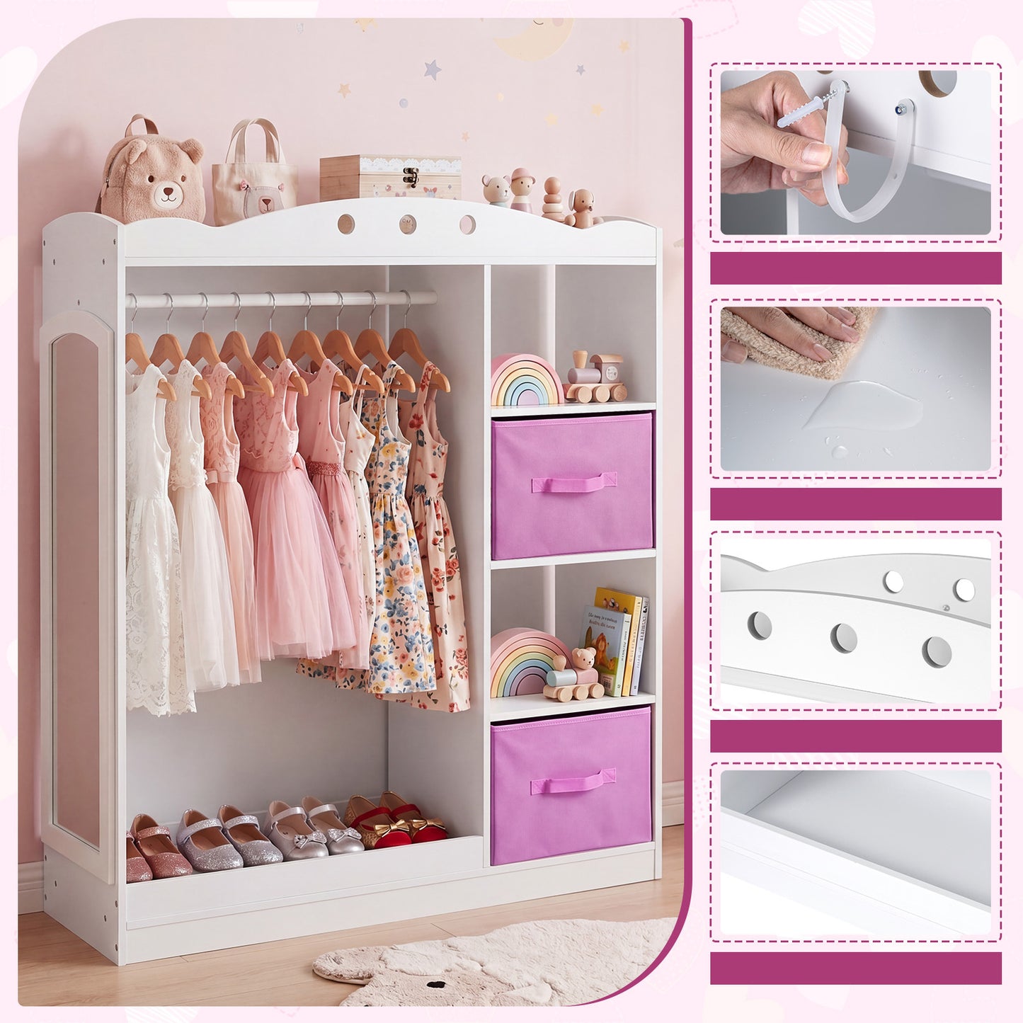 Costway Kindergarderobe met Spiegel Kinder Kledingkast van Hout met Open Planken Kledingstang en Opvouwbare Stoffen Lades Wit