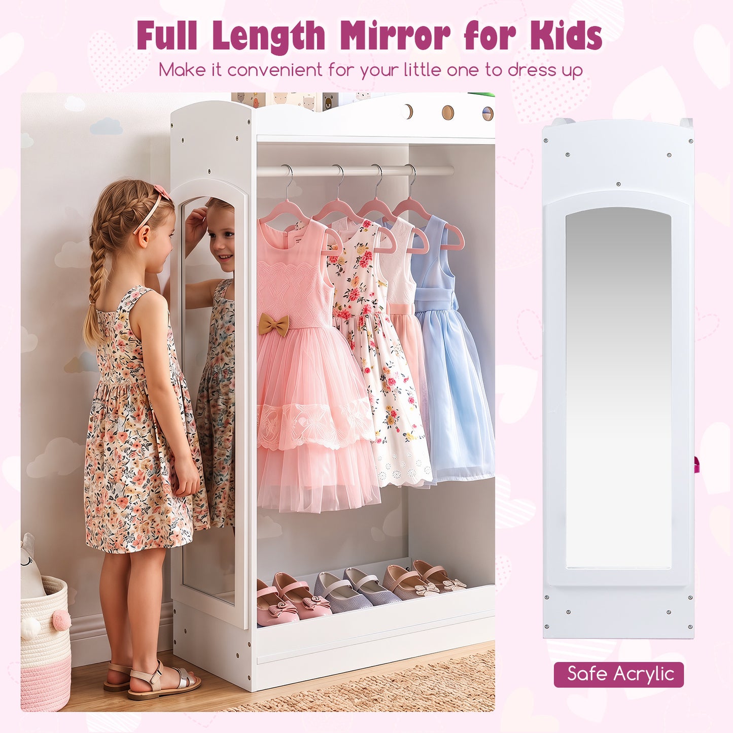 Costway Kindergarderobe met Spiegel Kinder Kledingkast van Hout met Open Planken Kledingstang en Opvouwbare Stoffen Lades Wit