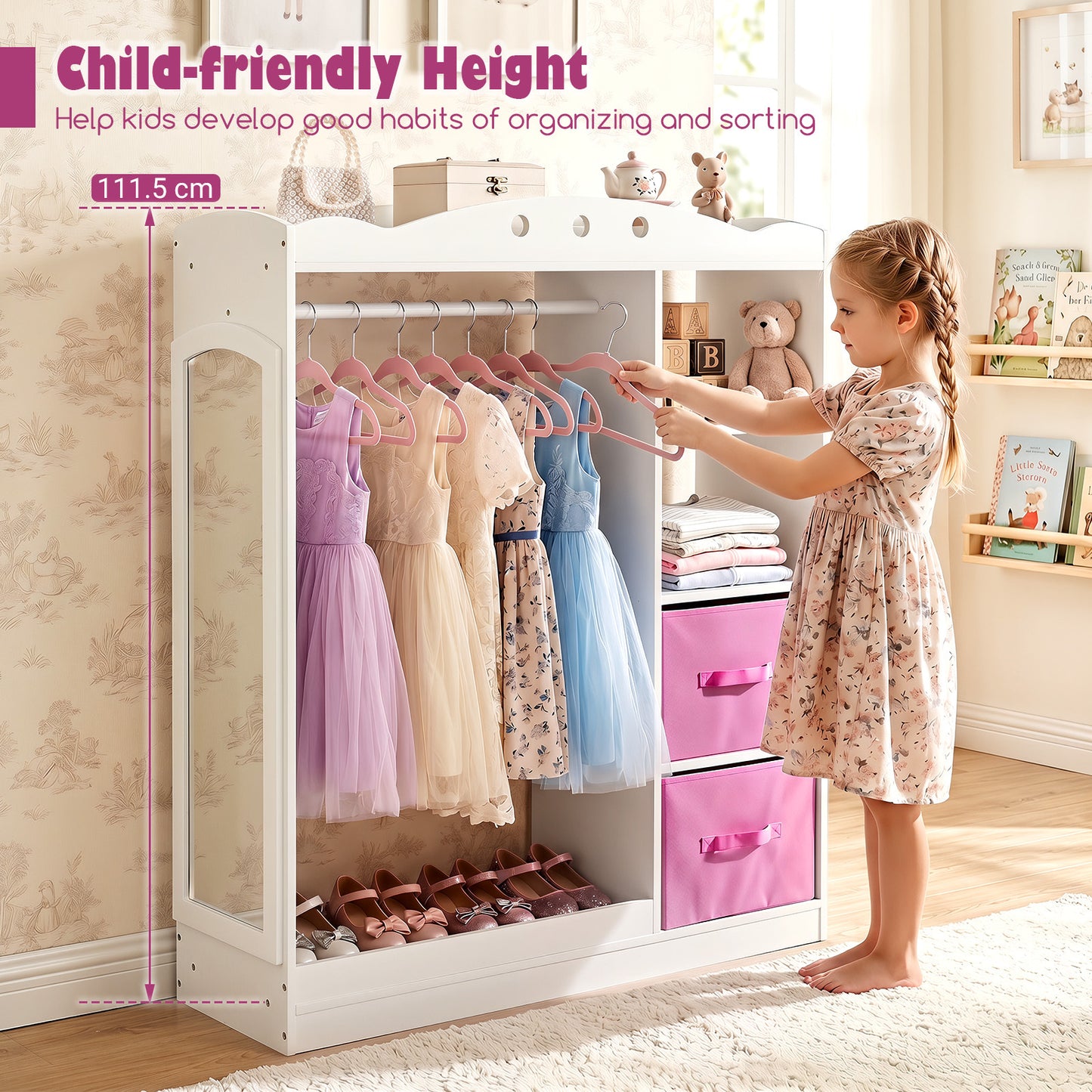 Costway Kindergarderobe met Spiegel Kinder Kledingkast van Hout met Open Planken Kledingstang en Opvouwbare Stoffen Lades Wit