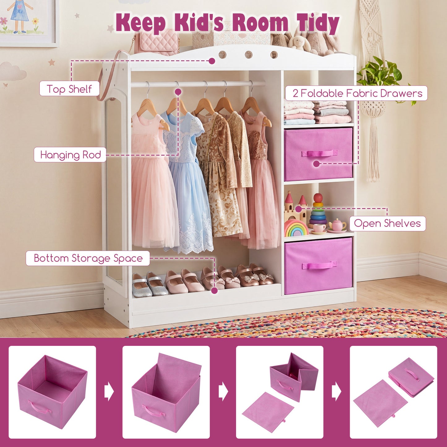 Costway Kindergarderobe met Spiegel Kinder Kledingkast van Hout met Open Planken Kledingstang en Opvouwbare Stoffen Lades Wit