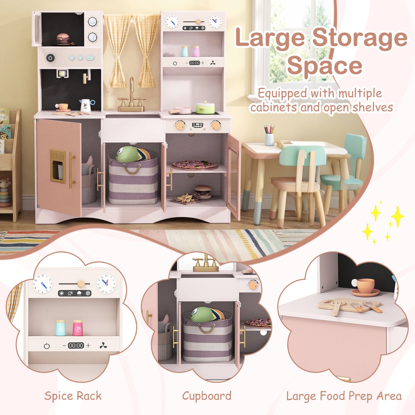 Costway Kinderkeuken met Kookspullen Houten Speelkeuken met Magnetron 92 x 35 x 90 cm voor Kinderen vanaf 3 Jaar Roze