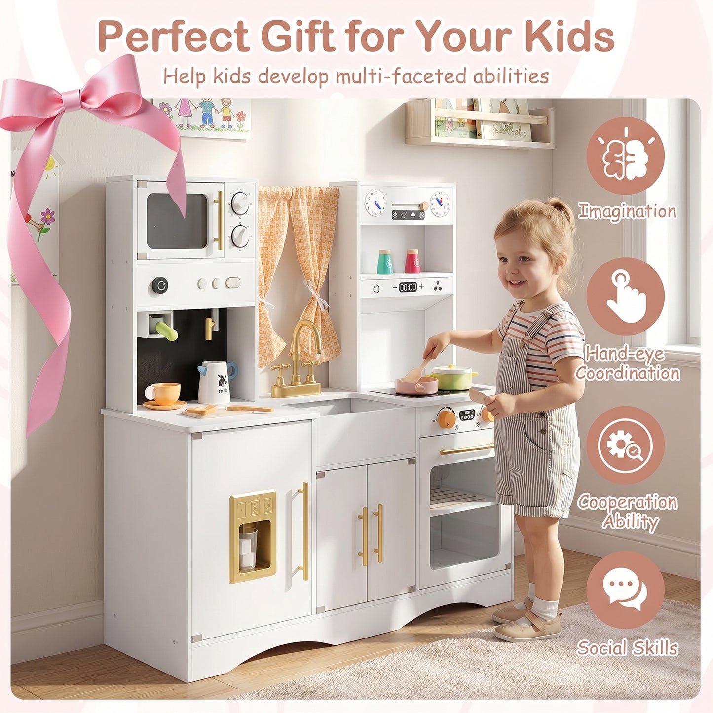 Costway Kinderkeuken met Kookspullen Houten Speelkeuken met Magnetron 92 x 35 x 90 cm voor Kinderen vanaf 3 Jaar Wit