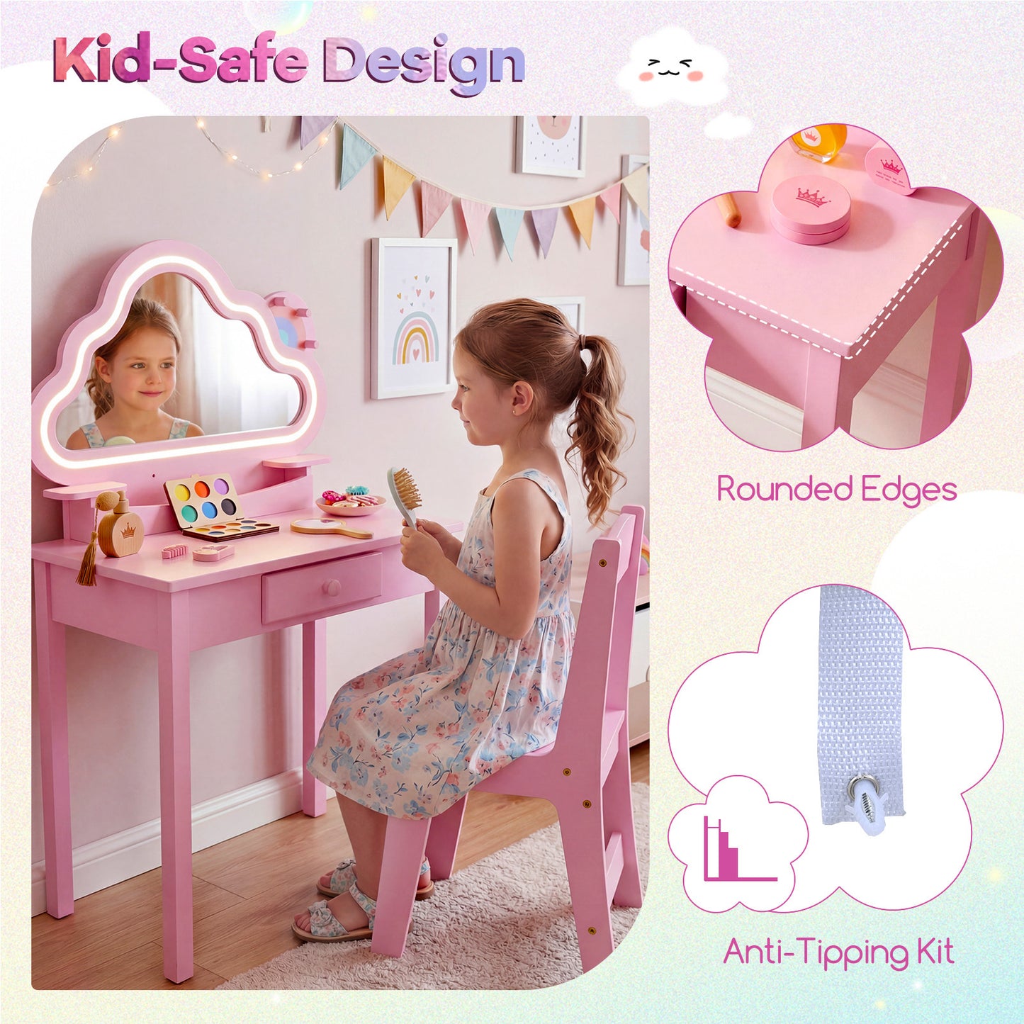 Costway Kinderschminktafel met Verlichting Kaptafel met Stoel Wolkenspiegel 3 Sieradenhaken Lade Planken Roze