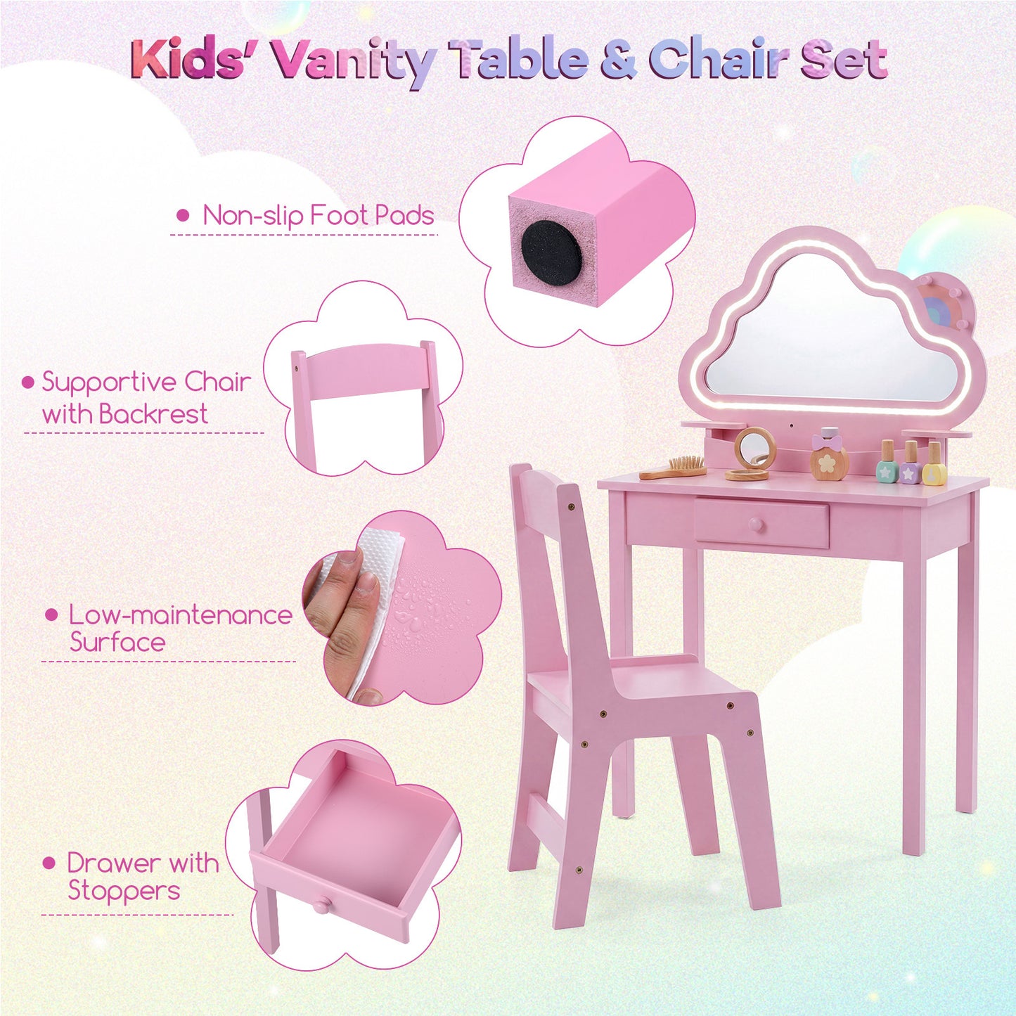 Costway Kinderschminktafel met Verlichting Kaptafel met Stoel Wolkenspiegel 3 Sieradenhaken Lade Planken Roze