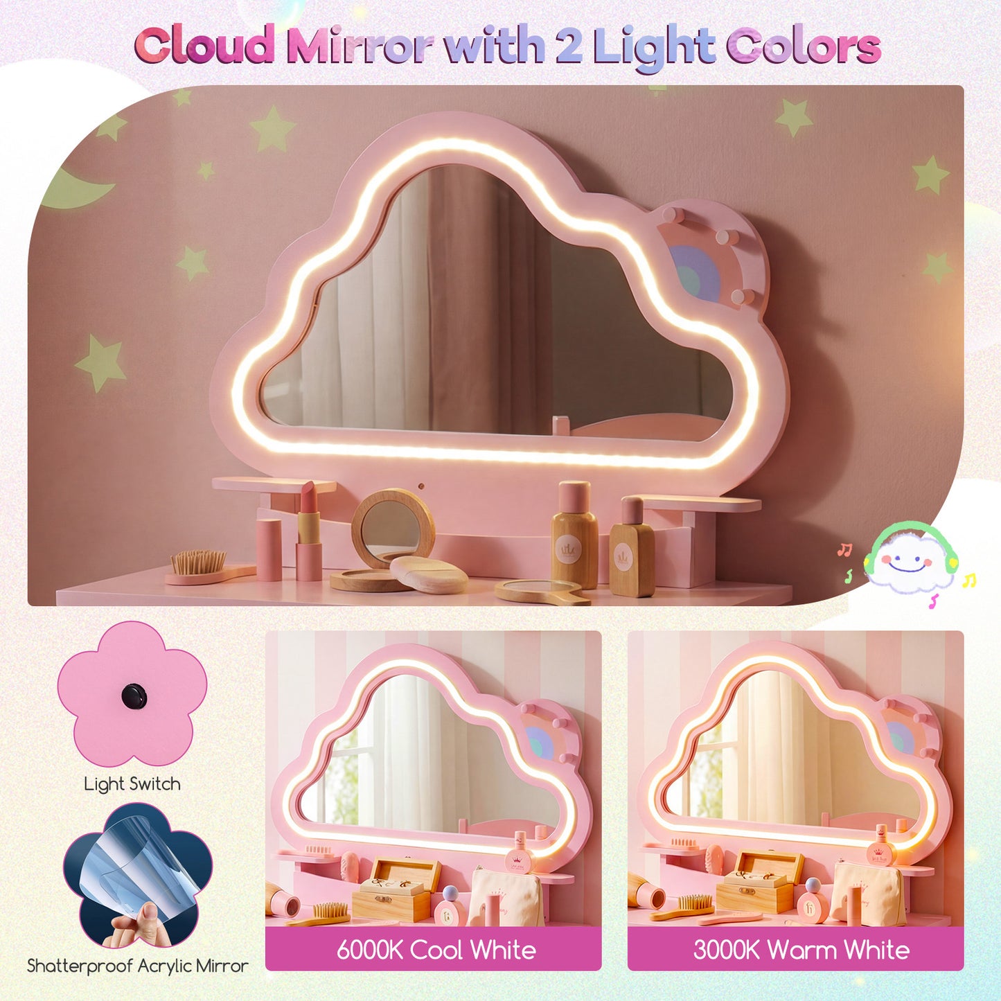 Costway Kinderschminktafel met Verlichting Kaptafel met Stoel Wolkenspiegel 3 Sieradenhaken Lade Planken Roze