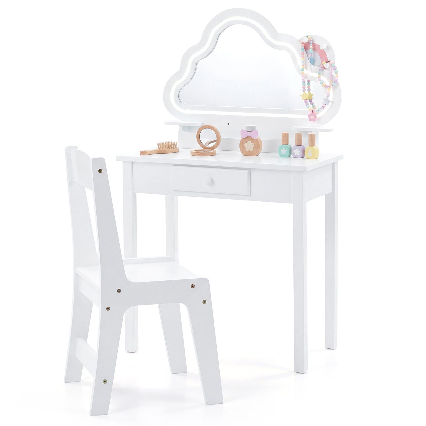 Costway Kinderschminktafel met Verlichting Kaptafel met Stoel Wolkenspiegel 3 Sieradenhaken Lade Planken Wit