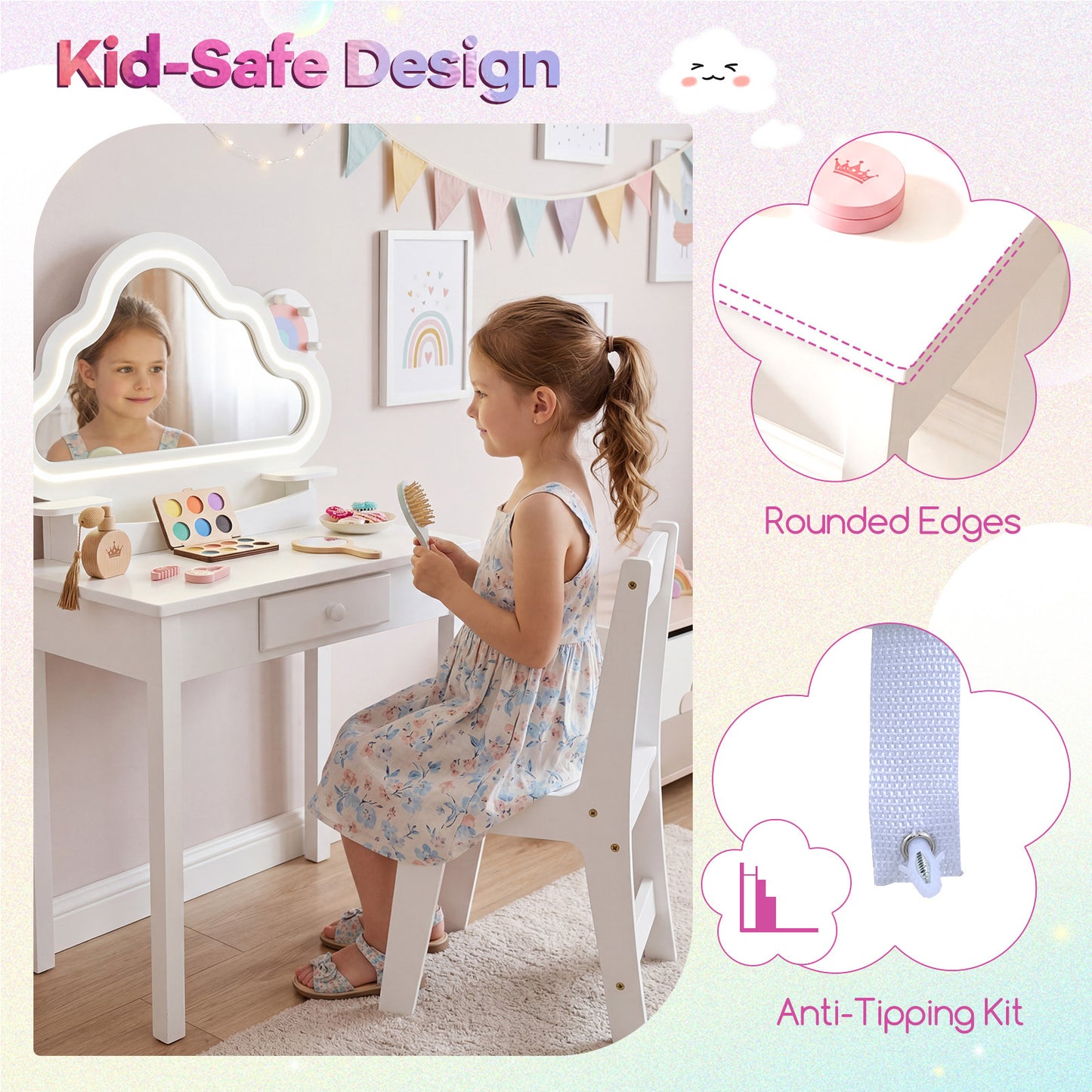 Costway Kinderschminktafel met Verlichting Kaptafel met Stoel Wolkenspiegel 3 Sieradenhaken Lade Planken Wit