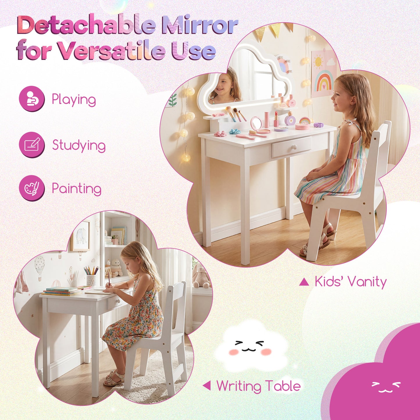 Costway Kinderschminktafel met Verlichting Kaptafel met Stoel Wolkenspiegel 3 Sieradenhaken Lade Planken Wit