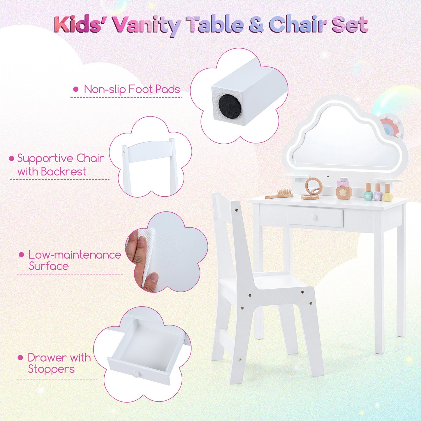 Costway Kinderschminktafel met Verlichting Kaptafel met Stoel Wolkenspiegel 3 Sieradenhaken Lade Planken Wit