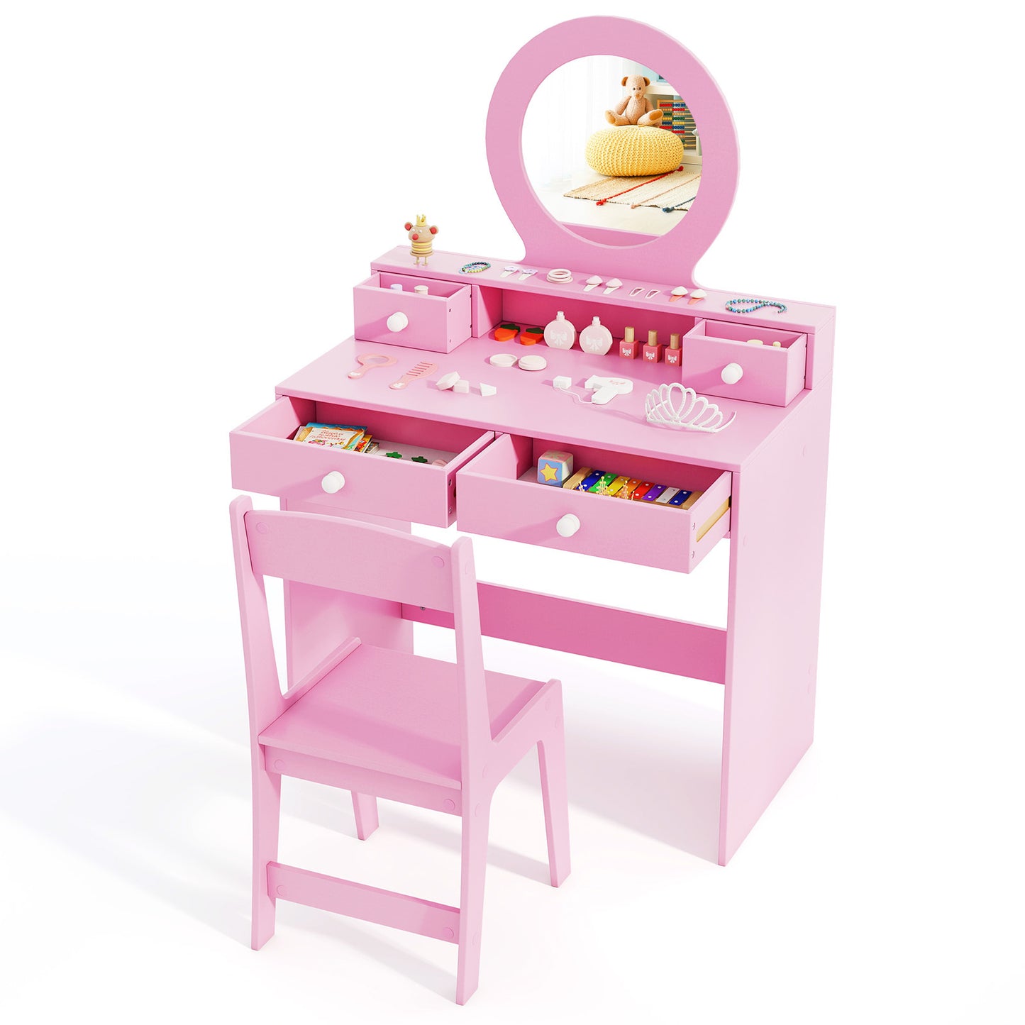 Costway Kinderschminktisch-Set met Spiegel Kaptafel en Stoel in Prinsessenmotief met Acrylspiegel Open Rek en 4 Lades Roze