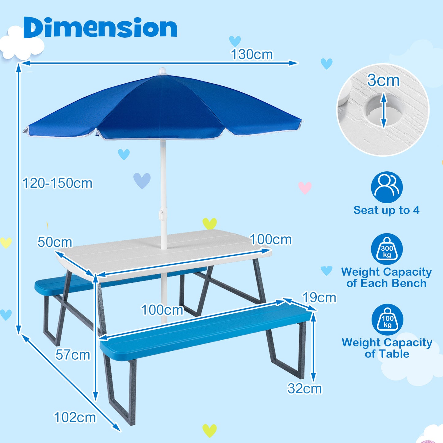 Costway Kinderset van HDPE Kinder Picknicktafel met 2 Banken en een in Hoogte Verstelbare en Afneembare Parasol