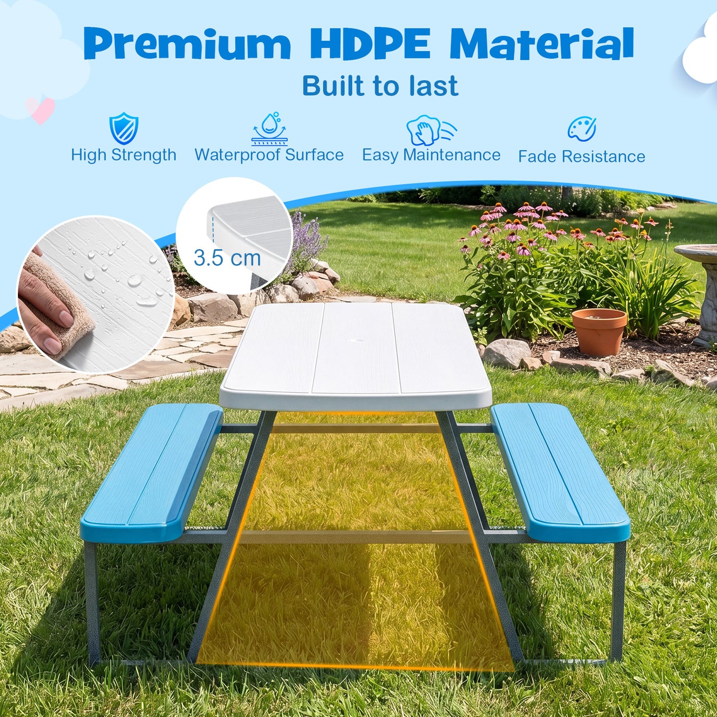Costway Kinderset van HDPE Kinder Picknicktafel met 2 Banken en een in Hoogte Verstelbare en Afneembare Parasol