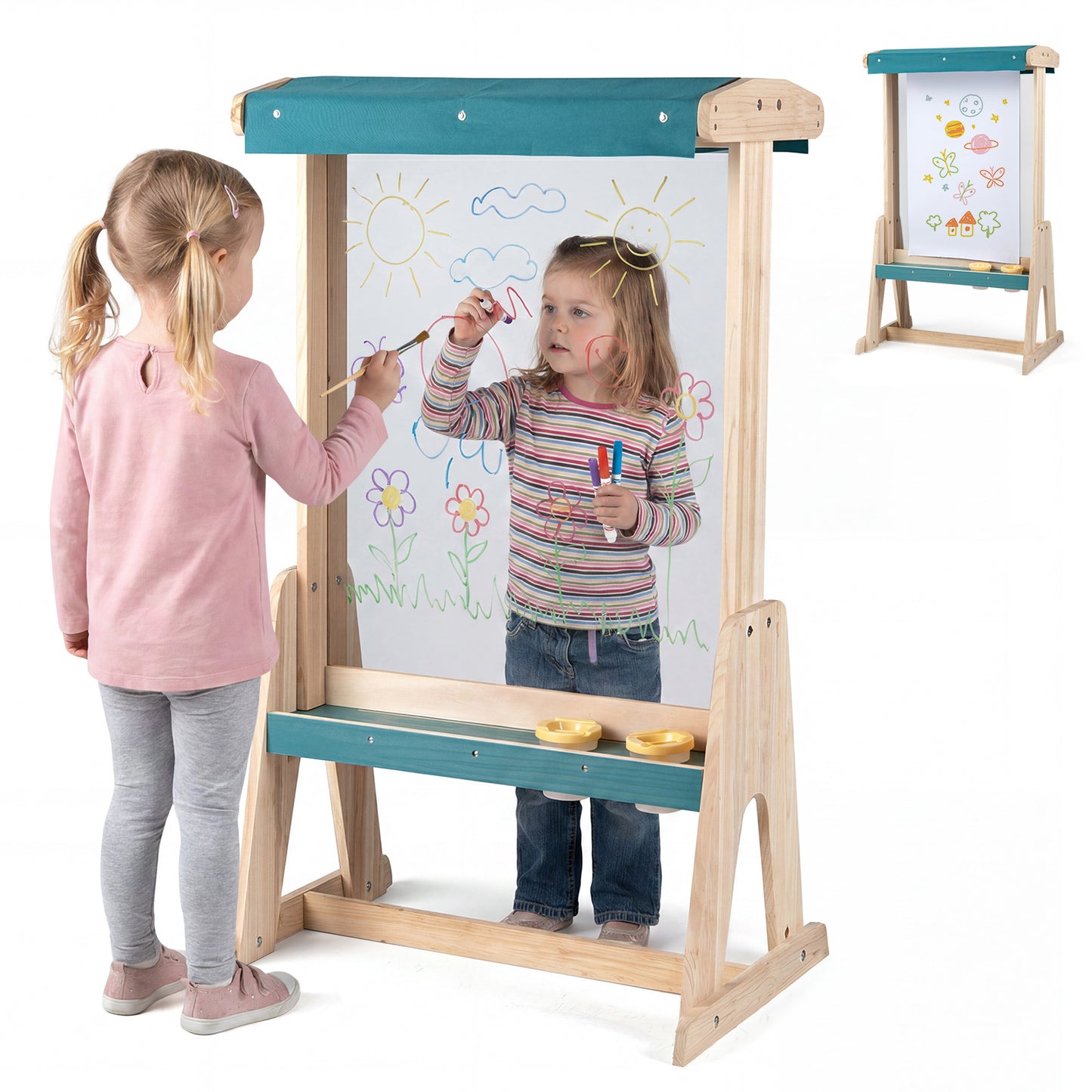 Costway Kinderstaander van Hout Staander met Dubbelzijdige Transparante Schilderplaat en Zonnescherm Kunststaander