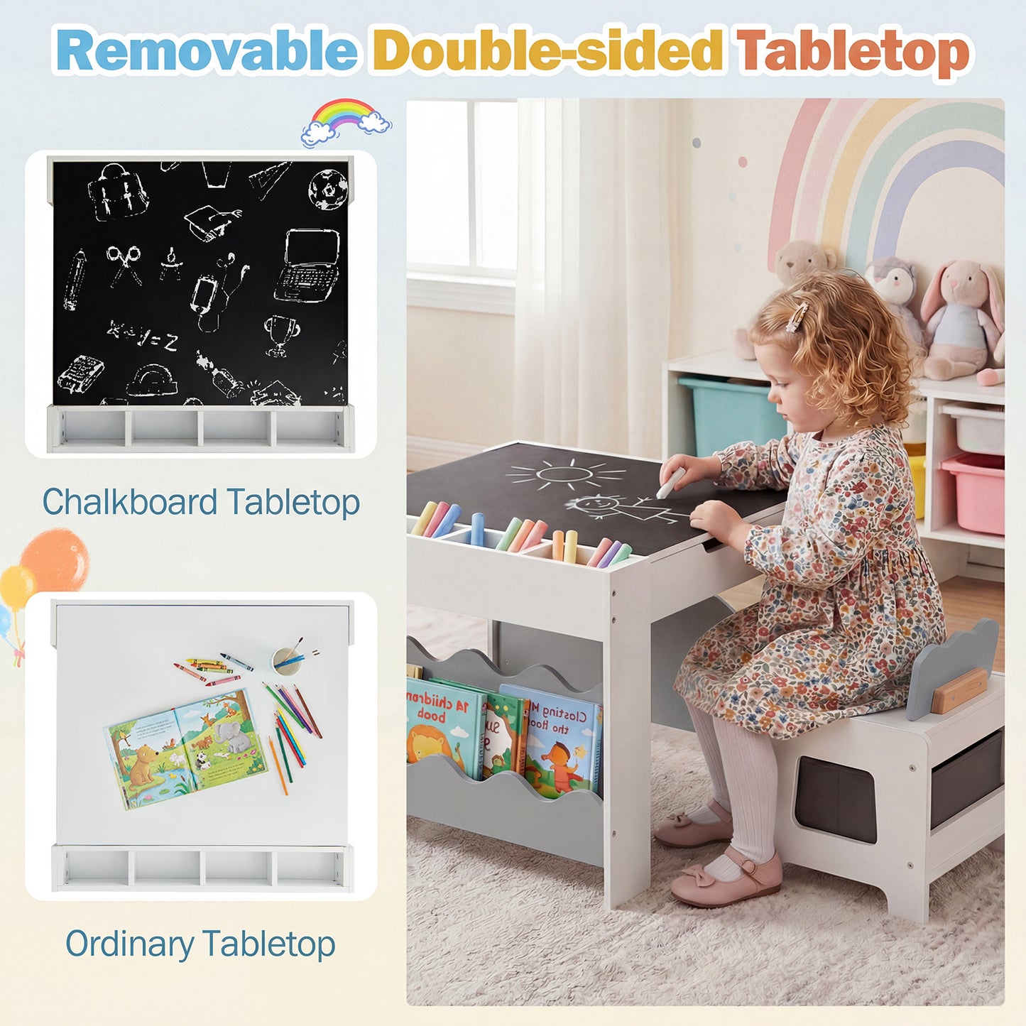 Costway Kindertafel met 2 Stoelen 3-Delige Houten Kinderset met Omkeerbaar en Afneembaar Tafelblad Grijs