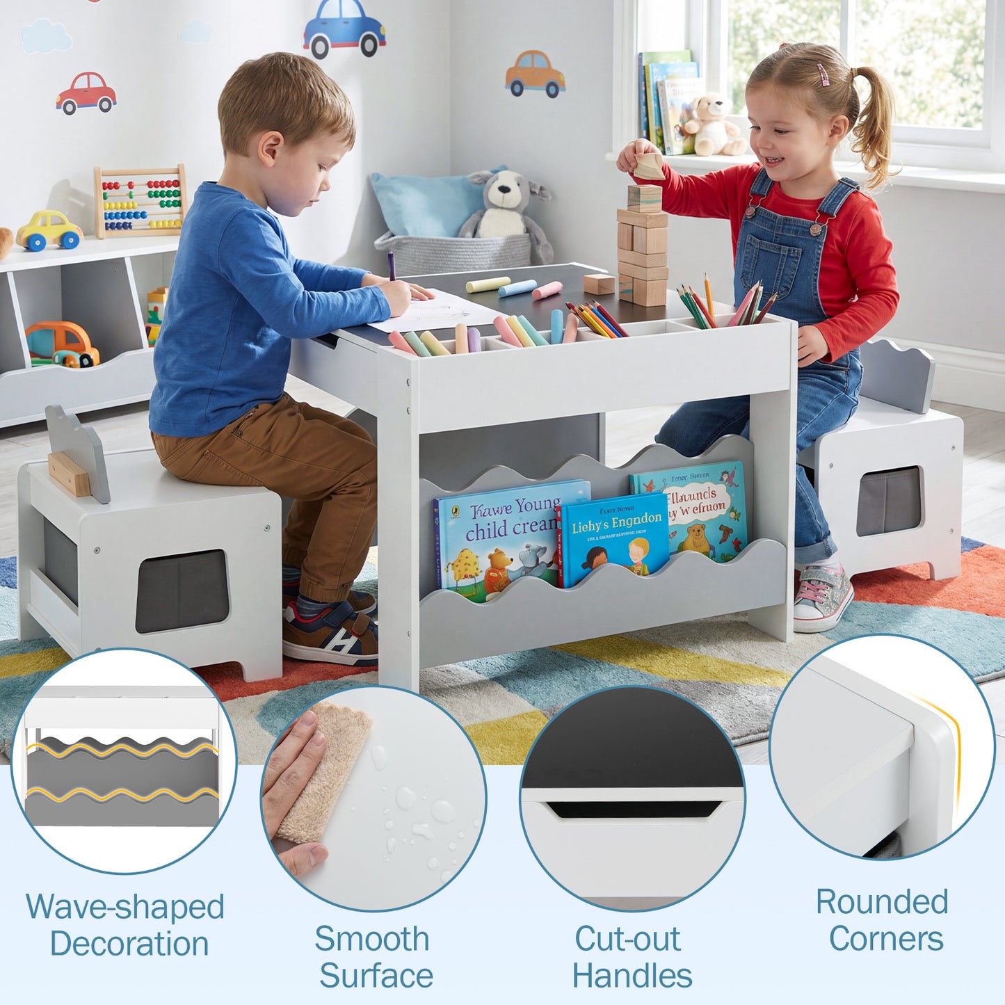 Costway Kindertafel met 2 Stoelen 3-Delige Houten Kinderset met Omkeerbaar en Afneembaar Tafelblad Grijs