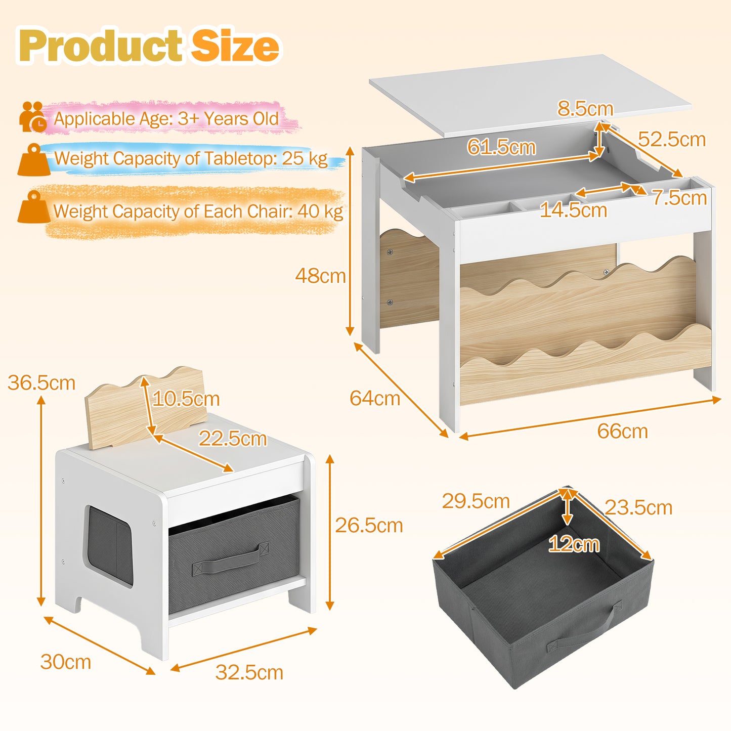 Costway Kindertafel met 2 Stoelen 3-Delige Houten Kinderset met Omkeerbaar en Afneembaar Tafelblad Naturel