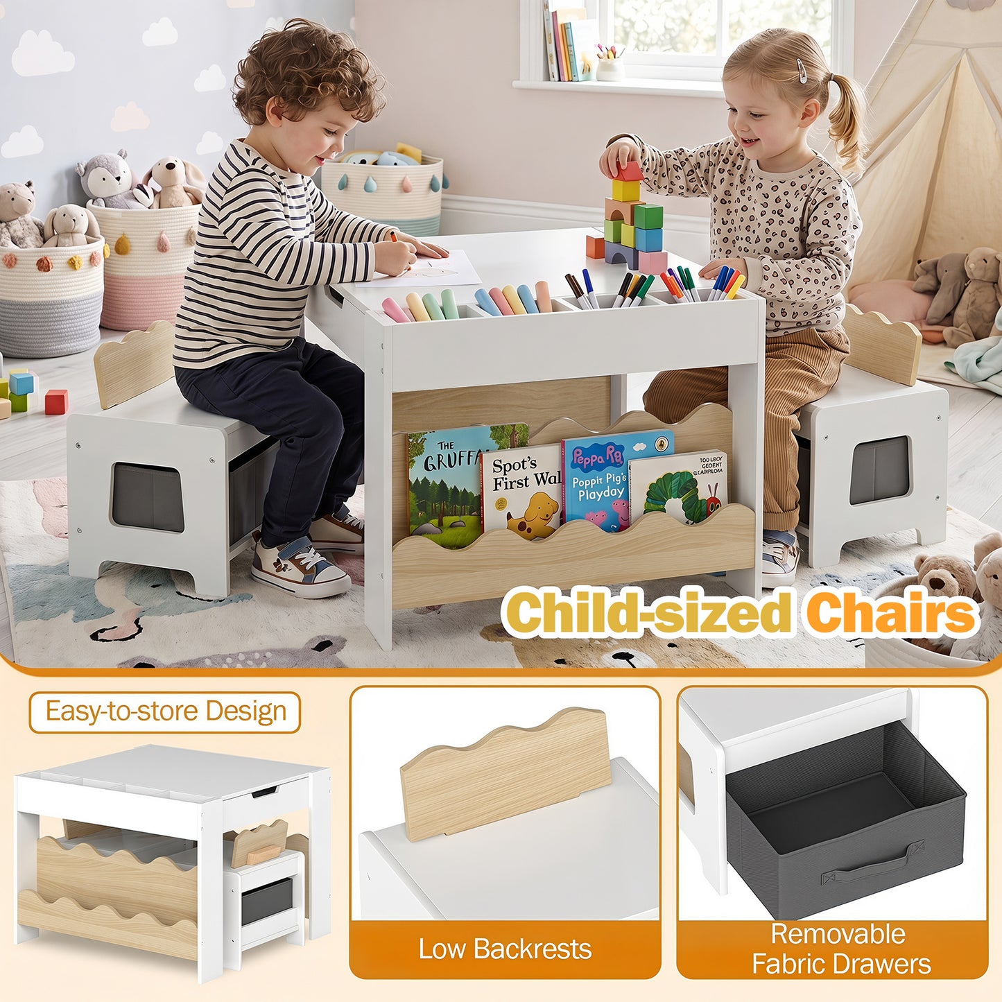 Costway Kindertafel met 2 Stoelen 3-Delige Houten Kinderset met Omkeerbaar en Afneembaar Tafelblad Naturel