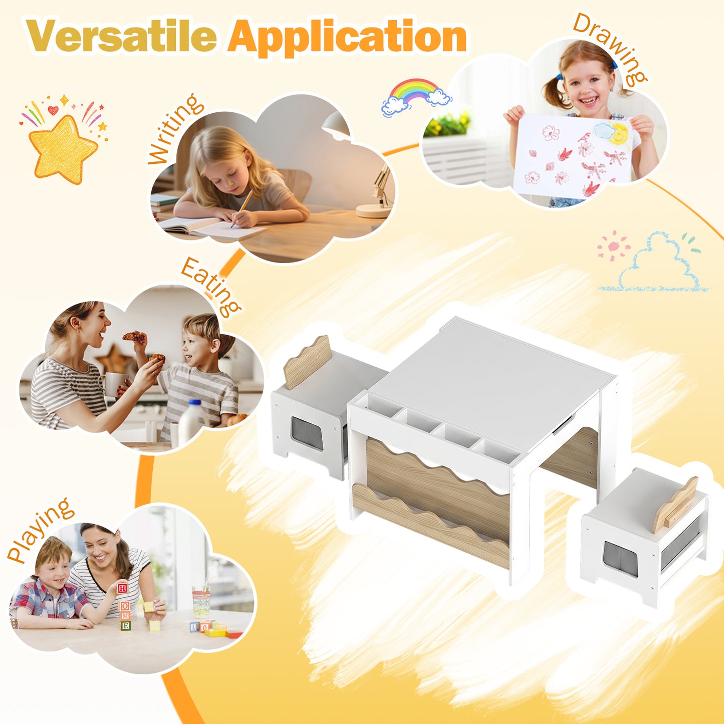 Costway Kindertafel met 2 Stoelen 3-Delige Houten Kinderset met Omkeerbaar en Afneembaar Tafelblad Naturel