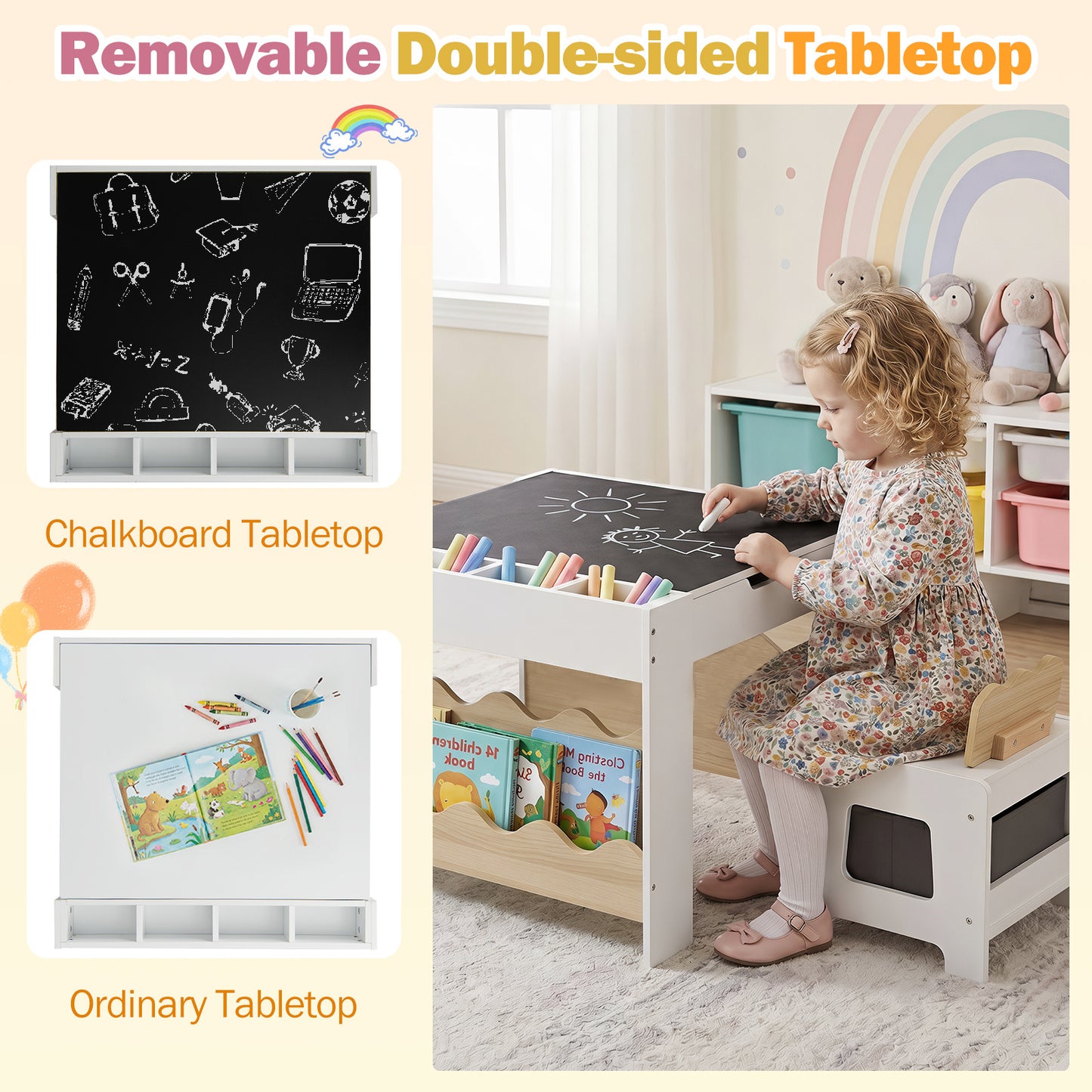 Costway Kindertafel met 2 Stoelen 3-Delige Houten Kinderset met Omkeerbaar en Afneembaar Tafelblad Naturel