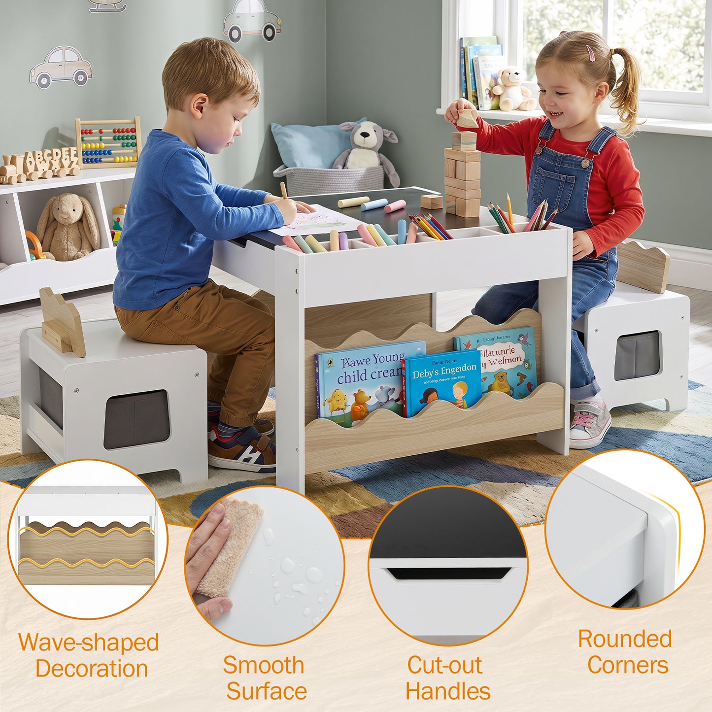 Costway Kindertafel met 2 Stoelen 3-Delige Houten Kinderset met Omkeerbaar en Afneembaar Tafelblad Naturel