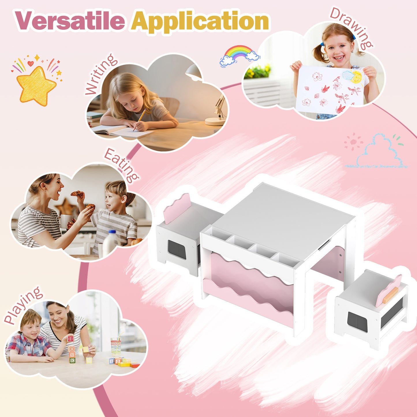 Costway Kindertafel met 2 Stoelen 3-Delige Houten Kinderset met Omkeerbaar en Afneembaar Tafelblad Roze
