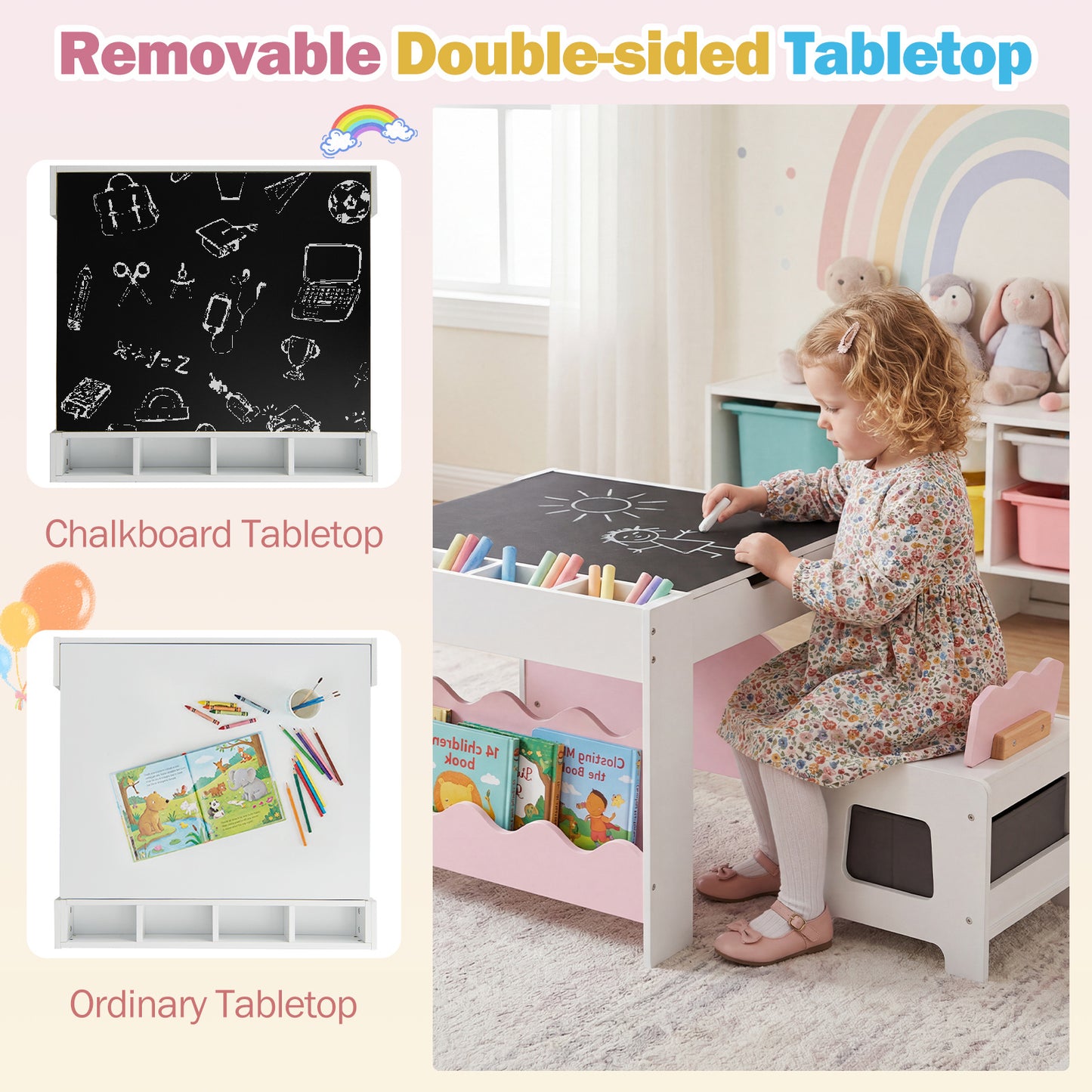Costway Kindertafel met 2 Stoelen 3-Delige Houten Kinderset met Omkeerbaar en Afneembaar Tafelblad Roze