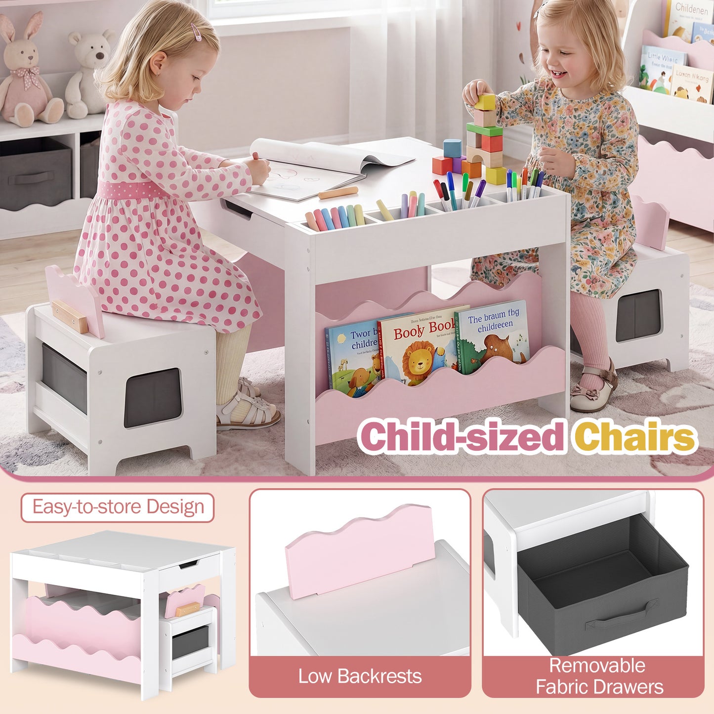 Costway Kindertafel met 2 Stoelen 3-Delige Houten Kinderset met Omkeerbaar en Afneembaar Tafelblad Roze