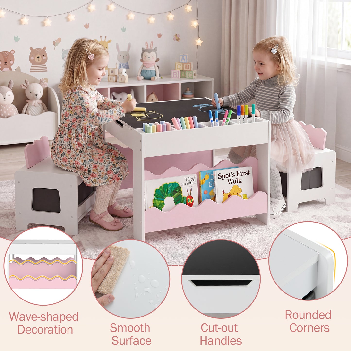 Costway Kindertafel met 2 Stoelen 3-Delige Houten Kinderset met Omkeerbaar en Afneembaar Tafelblad Roze