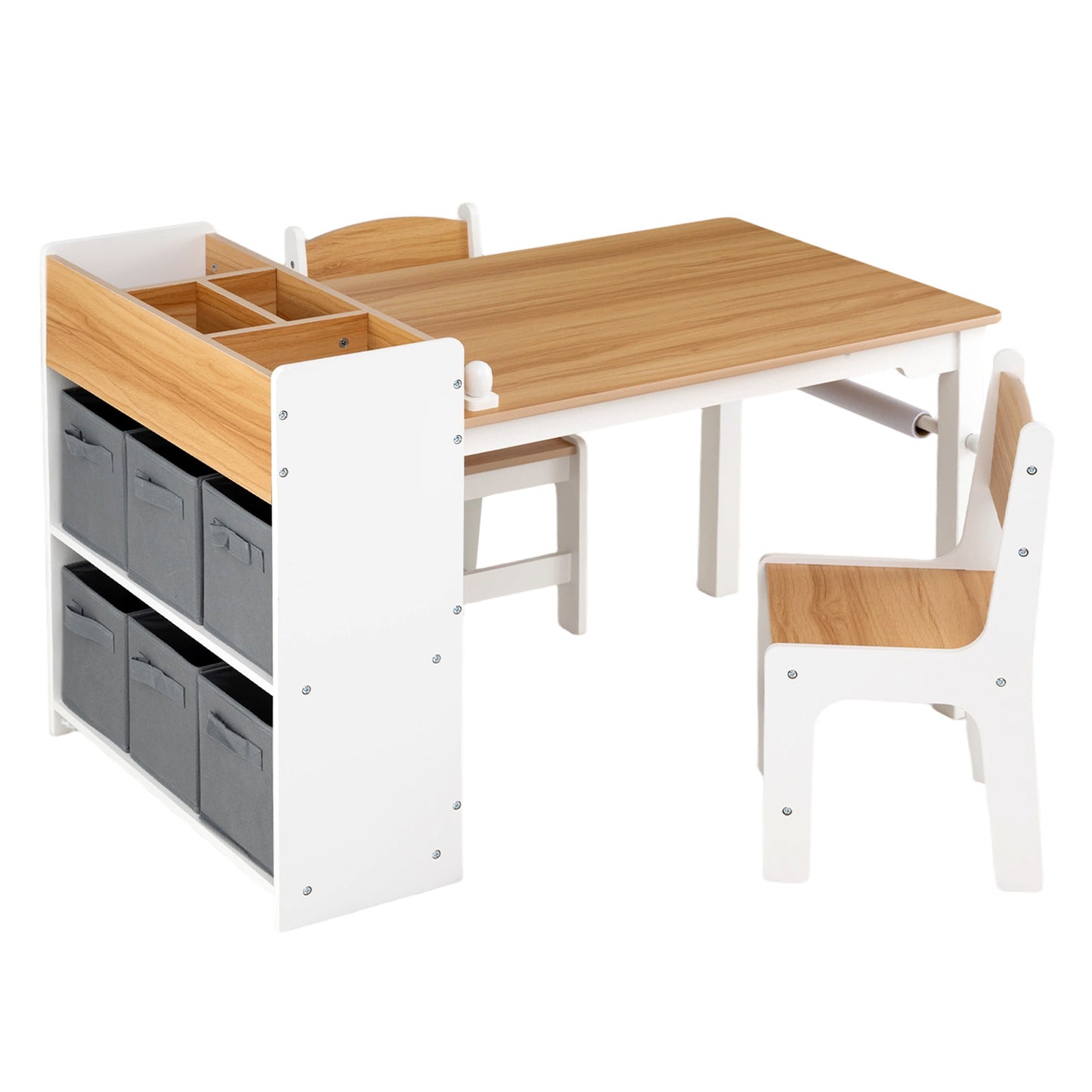 Costway Kindertafel met 2 Stoelen 4 Vakken 6 Stoffen Manden en Papierrol Natuur