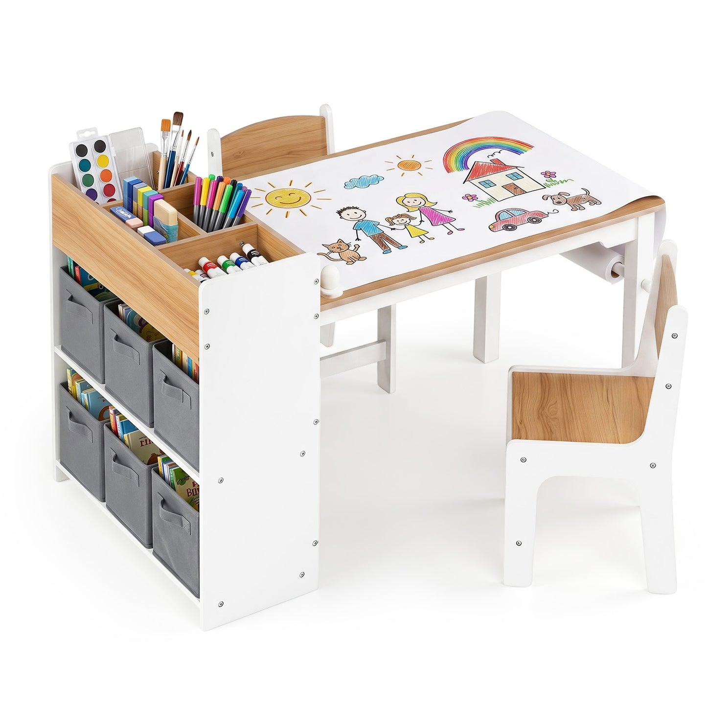 Costway Kindertafel met 2 Stoelen 4 Vakken 6 Stoffen Manden en Papierrol Natuur