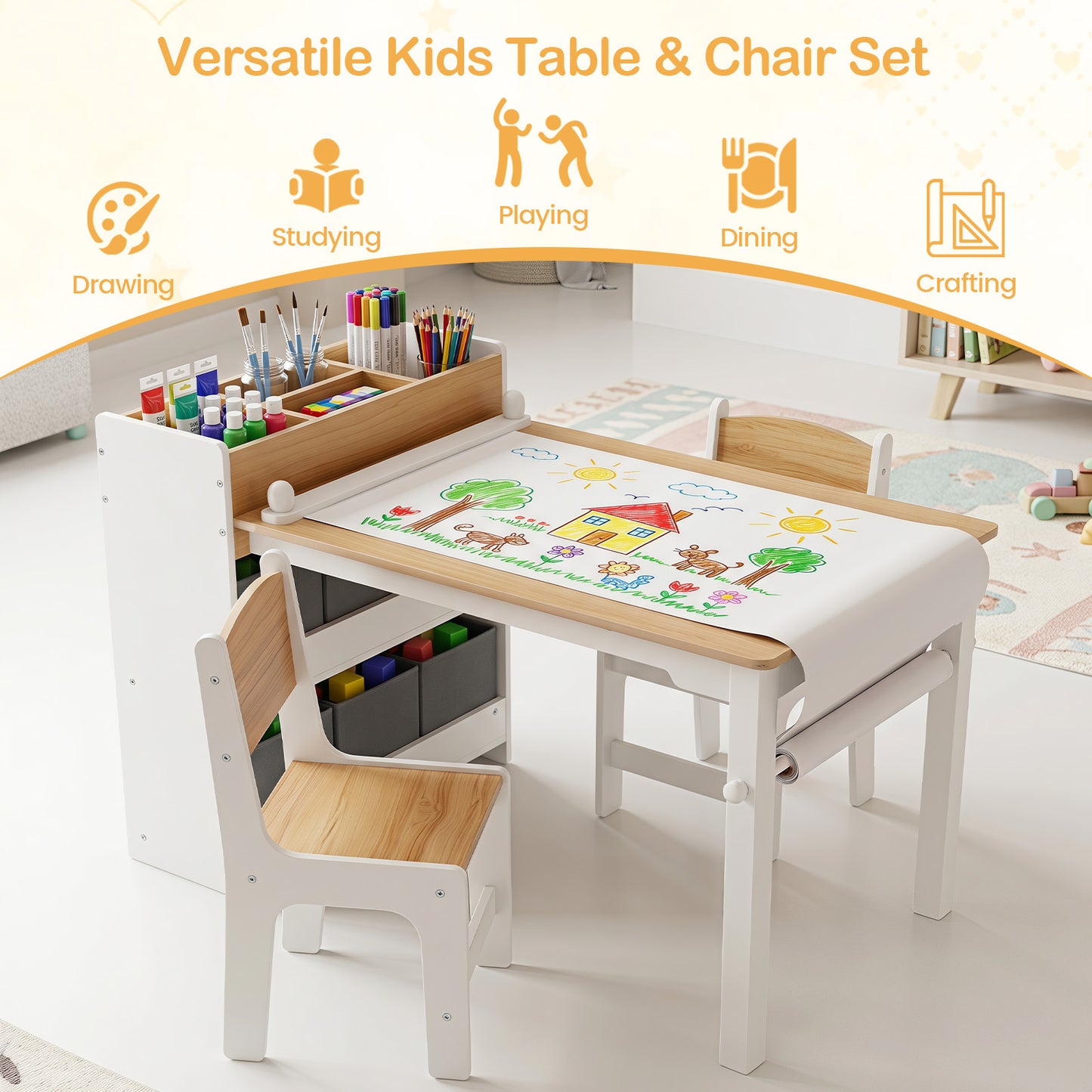 Costway Kindertafel met 2 Stoelen 4 Vakken 6 Stoffen Manden en Papierrol Natuur