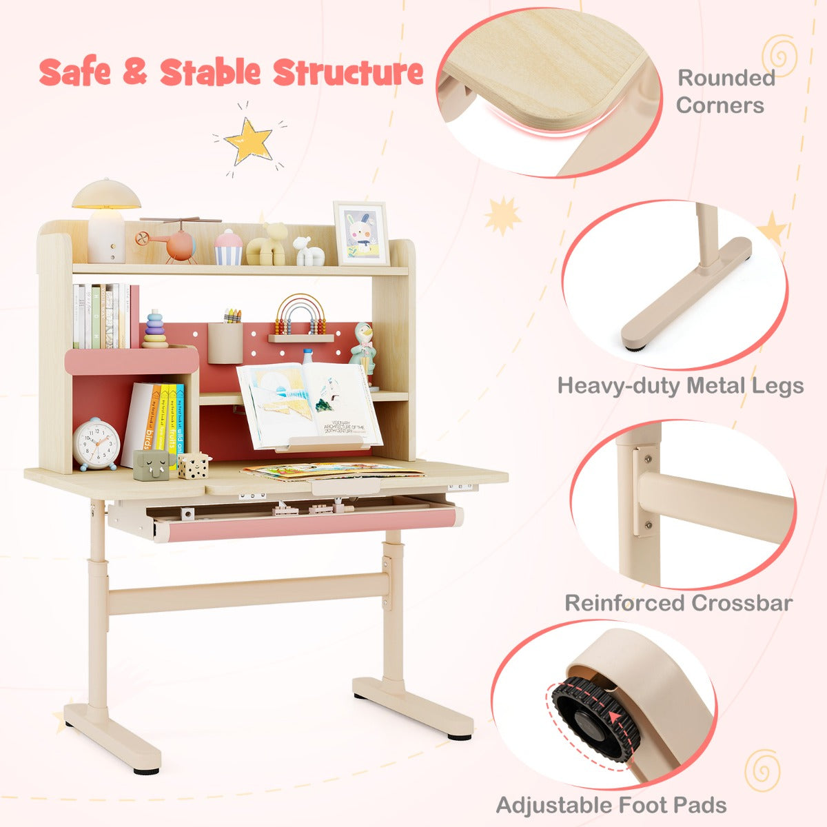 Costway Kindertafel met Rek en Lade in Hoogte Verstelbaar Bureau voor Leerlingen met Kantelbare Tafelblad in Roze