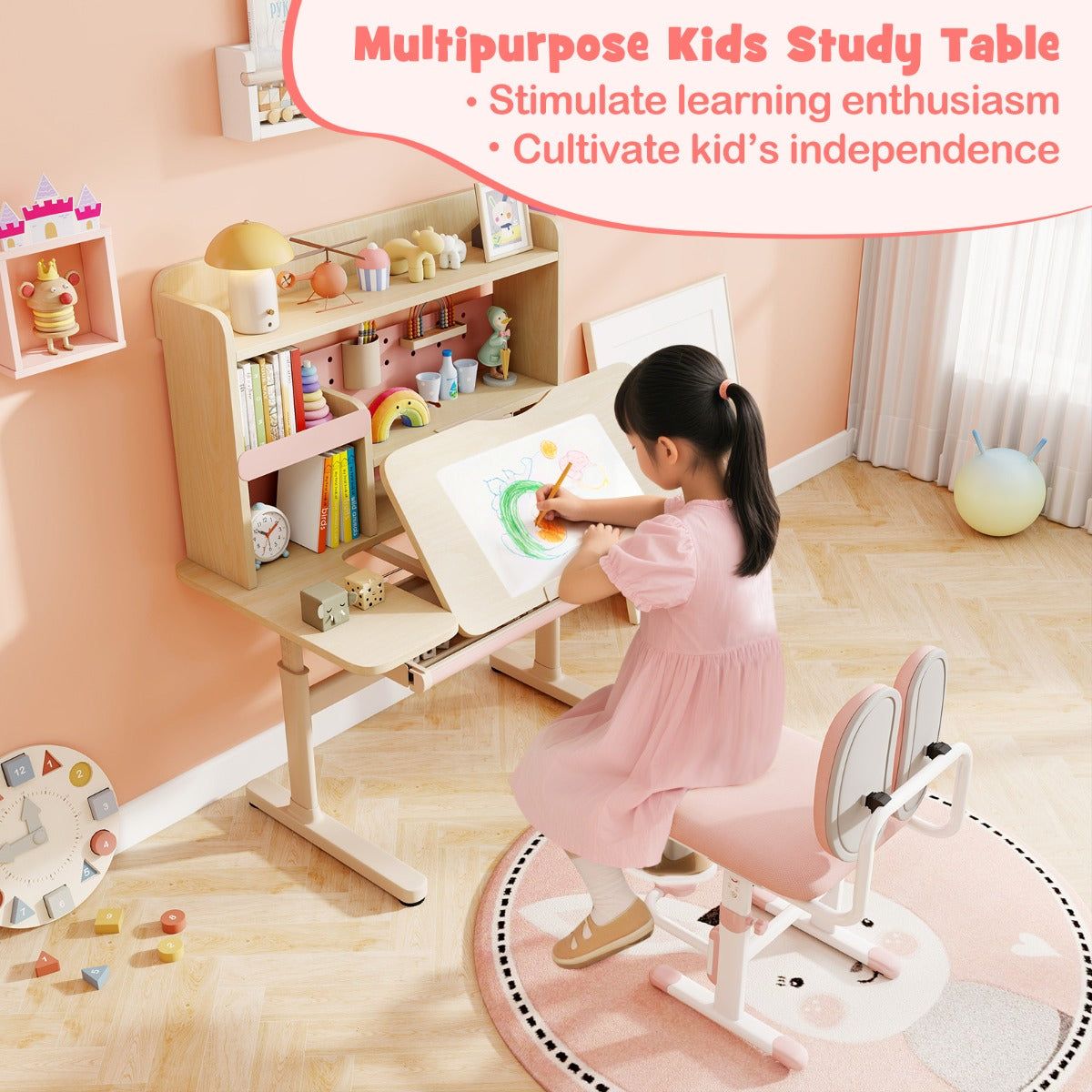 Costway Kindertafel met Rek en Lade in Hoogte Verstelbaar Bureau voor Leerlingen met Kantelbare Tafelblad in Roze