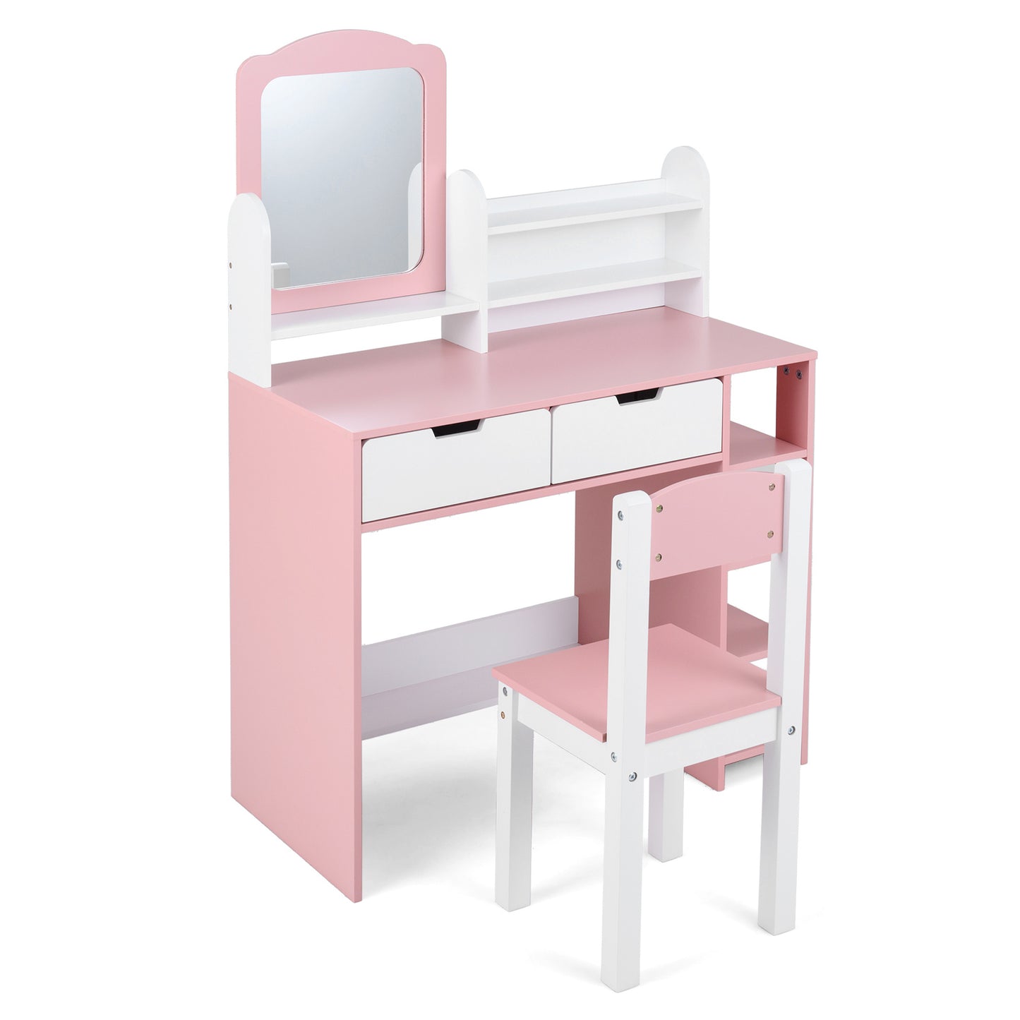 Costway Kindertafel met Spiegel en Kruk Cosmeticatafel met Planken en 2 Lades Prinsessen Kinderschminktisch Set