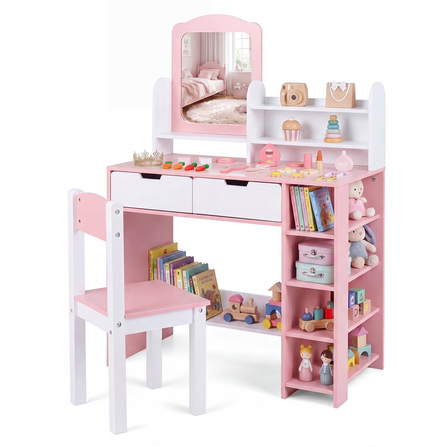 Costway Kindertafel met Spiegel en Kruk Cosmeticatafel met Planken en 2 Lades Prinsessen Kinderschminktisch Set