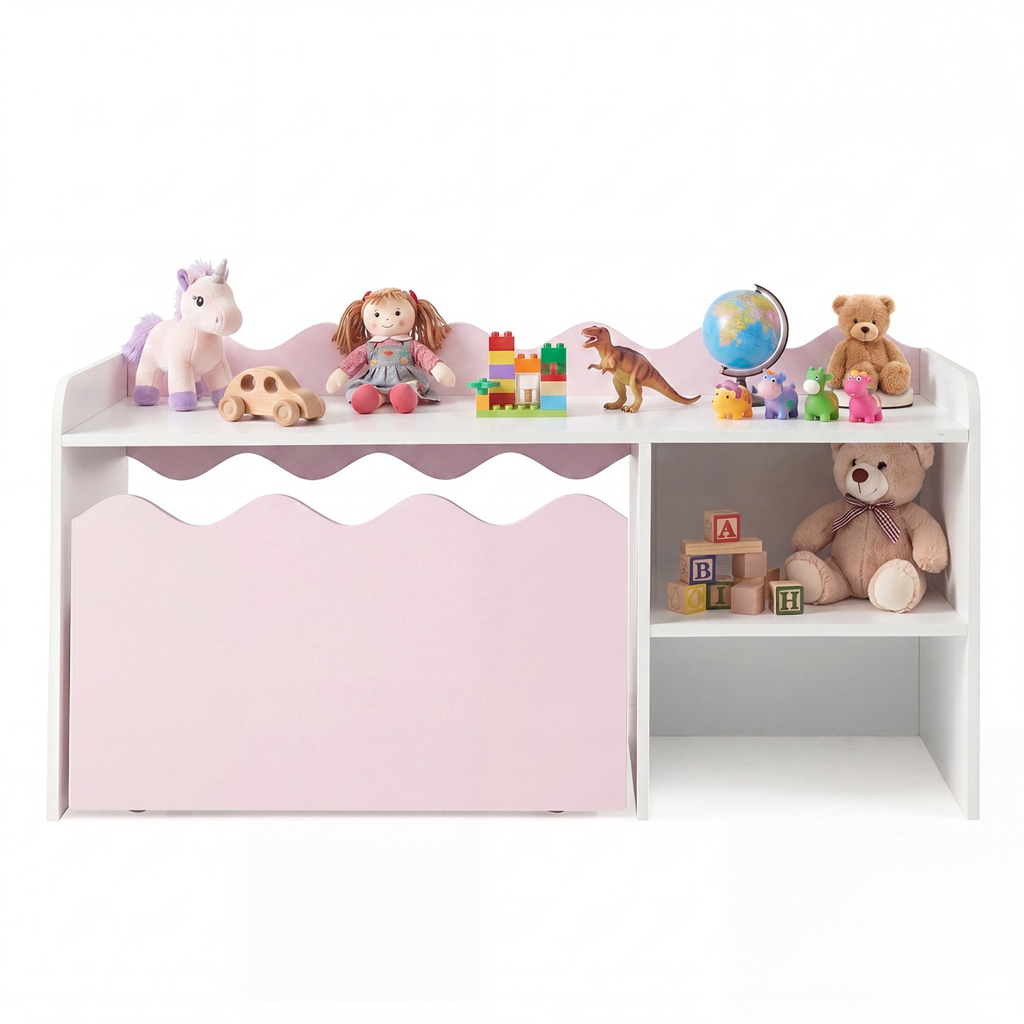 Costway Kindertafel van Hout Activiteitstafel met Brede Tafelblad & Rek Kinderbank op Wielen Rollende Opbergdoos Roze