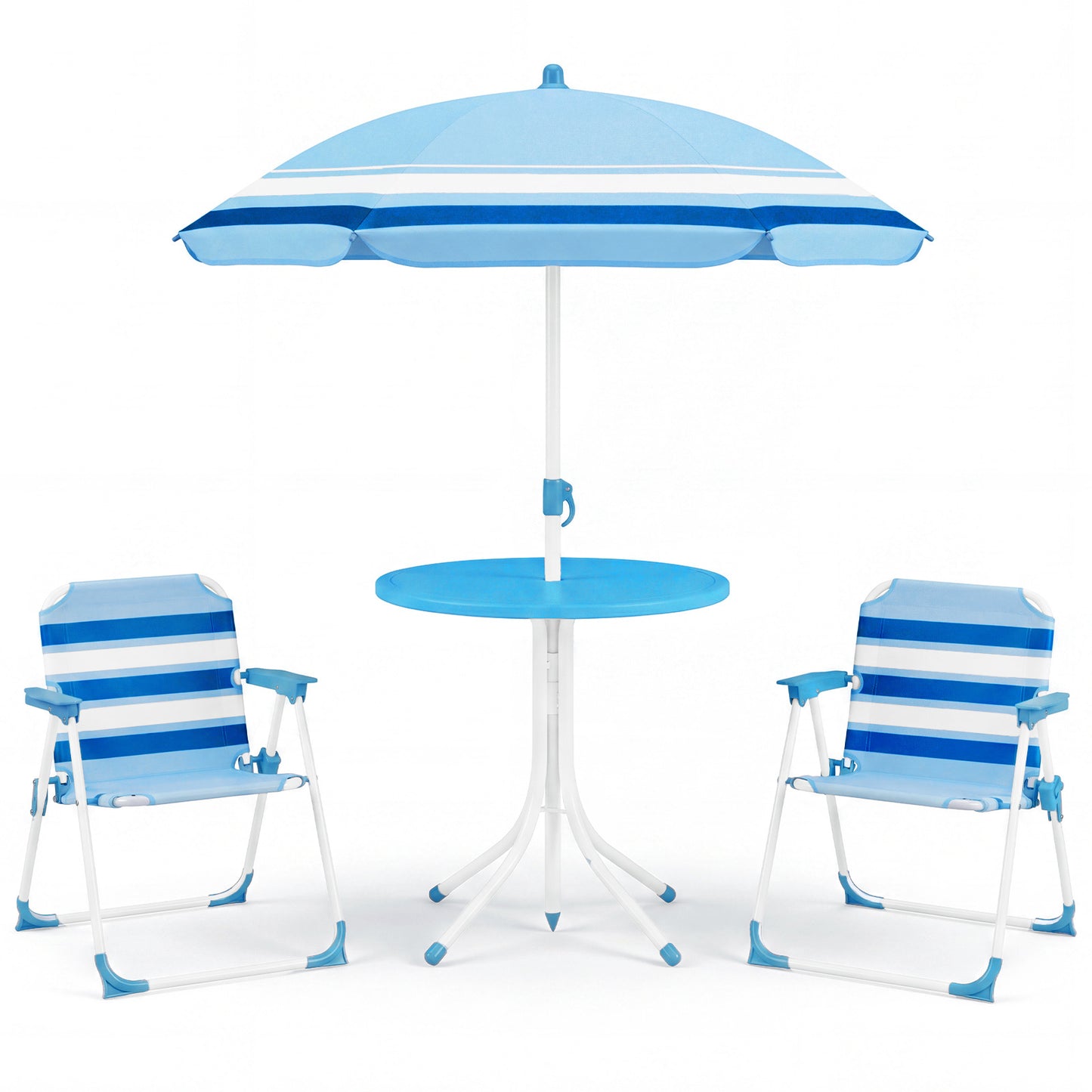 Costway Kinderzitgroep met in Hoogte Verstelbare Parasol 4-delig Kinderzitgroep met Tafel en 2 Klapstoelen Blauw