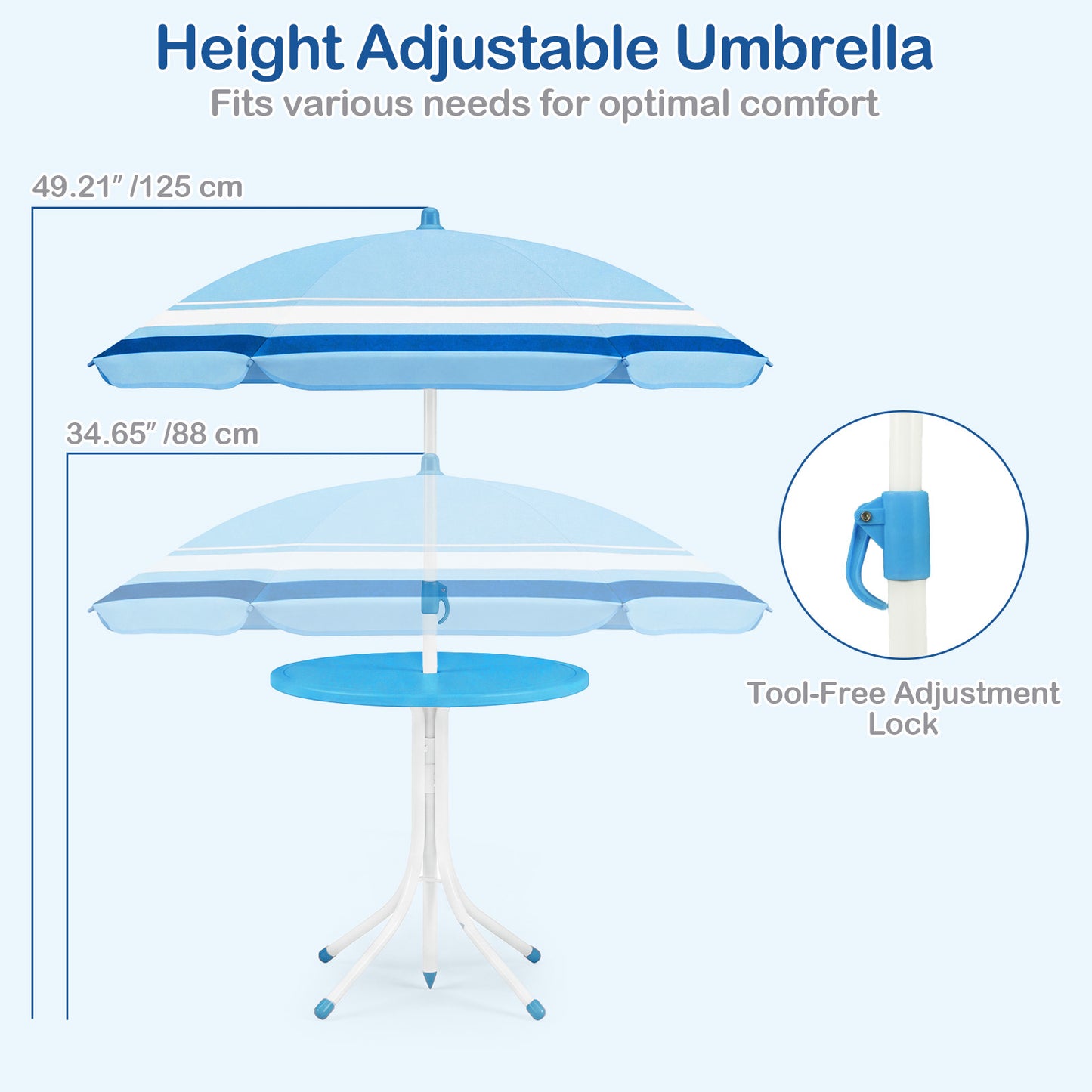 Costway Kinderzitgroep met in Hoogte Verstelbare Parasol 4-delig Kinderzitgroep met Tafel en 2 Klapstoelen Blauw