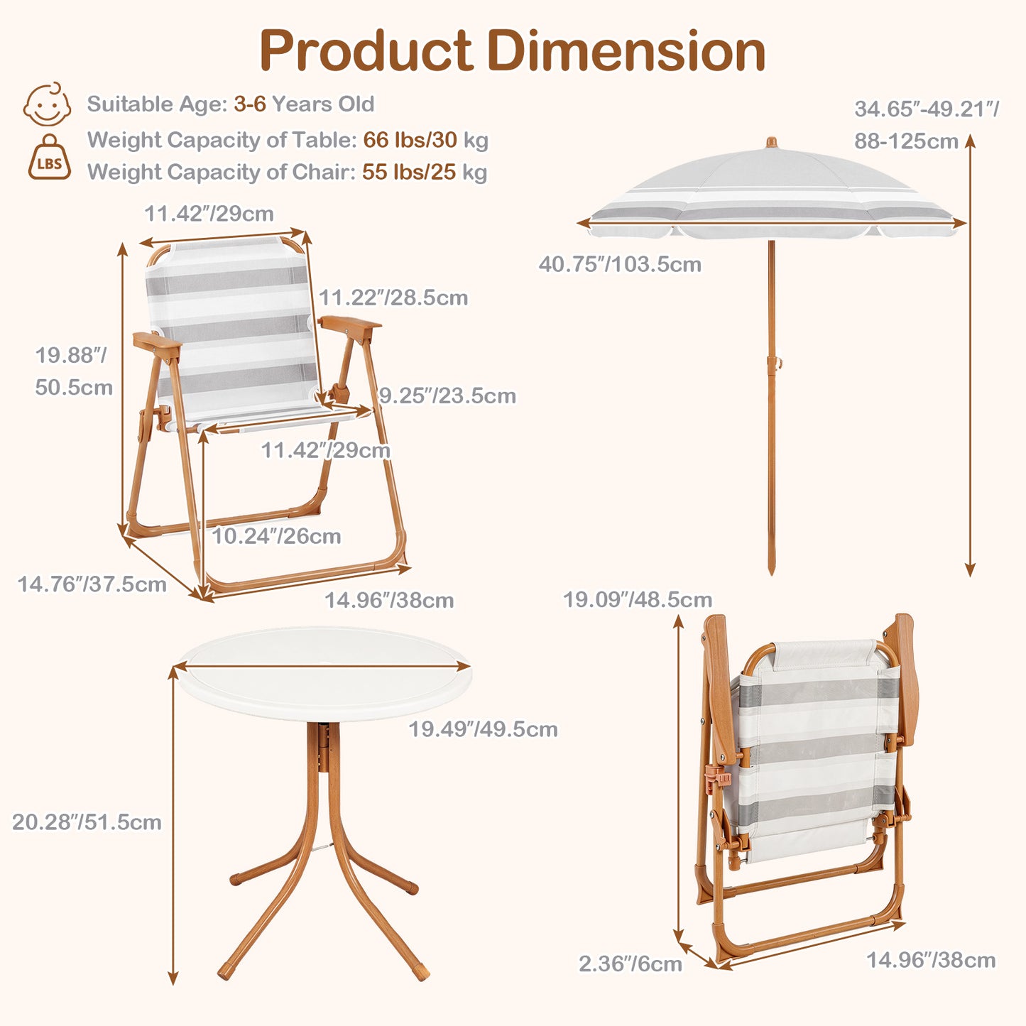Costway Kinderzitgroep met in Hoogte Verstelbare Parasol 4-delig Kinderzitgroep met Tafel en 2 Klapstoelen Naturel