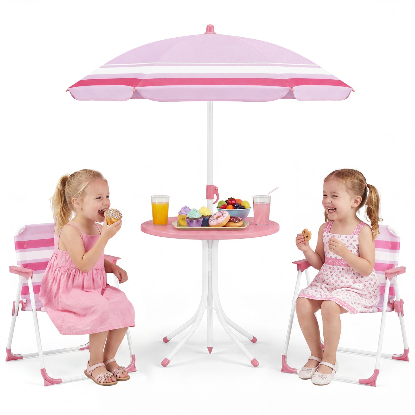 Costway Kinderzitgroep met in Hoogte Verstelbare Parasol 4-delig Kinderzitgroep met Tafel en 2 Klapstoelen Roze