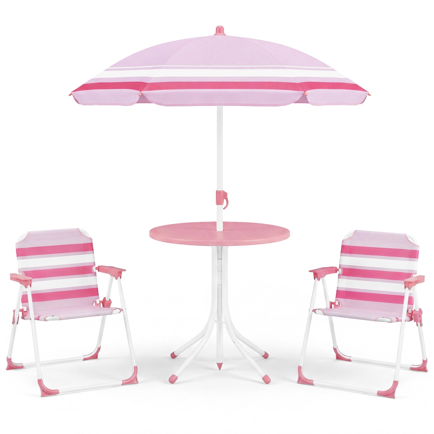 Costway Kinderzitgroep met in Hoogte Verstelbare Parasol 4-delig Kinderzitgroep met Tafel en 2 Klapstoelen Roze