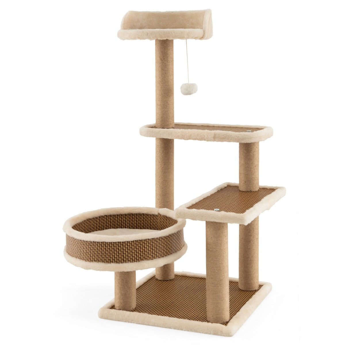 Costway Krabpaal op 4 Niveaus voor Katten met Rotanmat Hangend Speelgoedbal Grote Nis 3 Platform Zitstokken 40 x 40 x 90 cm