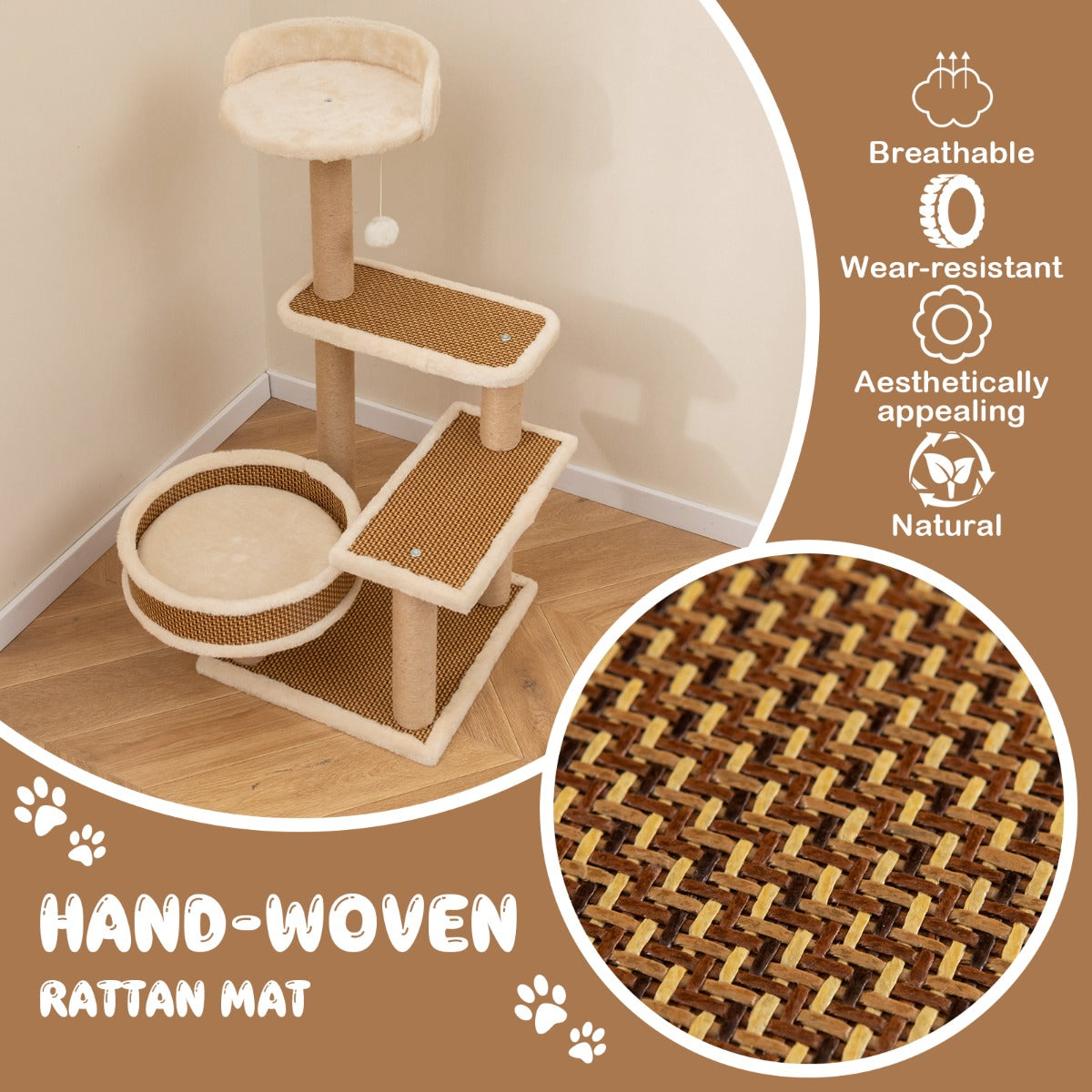 Costway Krabpaal op 4 Niveaus voor Katten met Rotanmat Hangend Speelgoedbal Grote Nis 3 Platform Zitstokken 40 x 40 x 90 cm