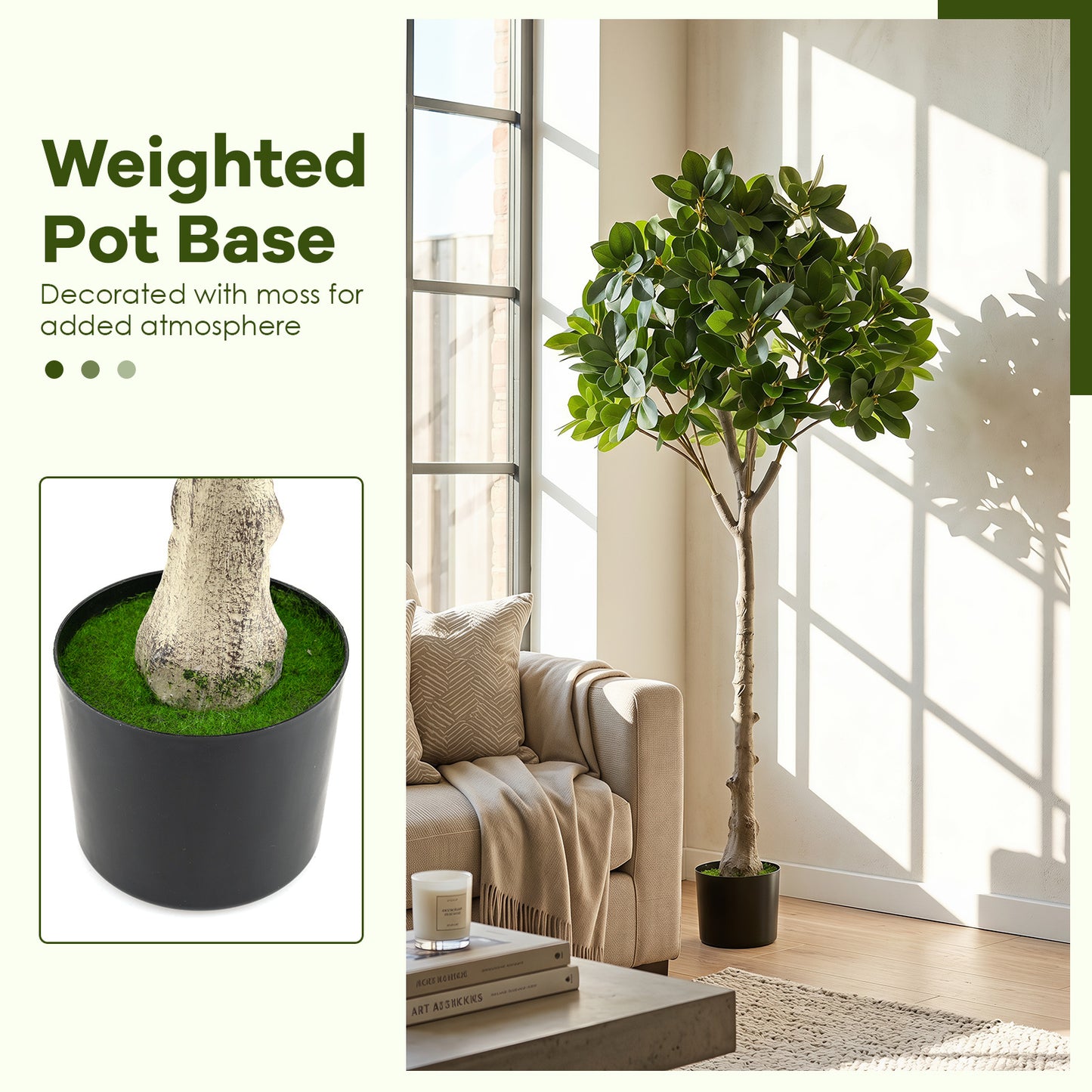 Costway Kunstboom Realistische Kunstplant met 25 Weelderige Takken Stevige Cementpot Kunstmatige kamerplant Als Echt in Pot Decoratieplant voor Woonkamer Kantoor Entreegebied