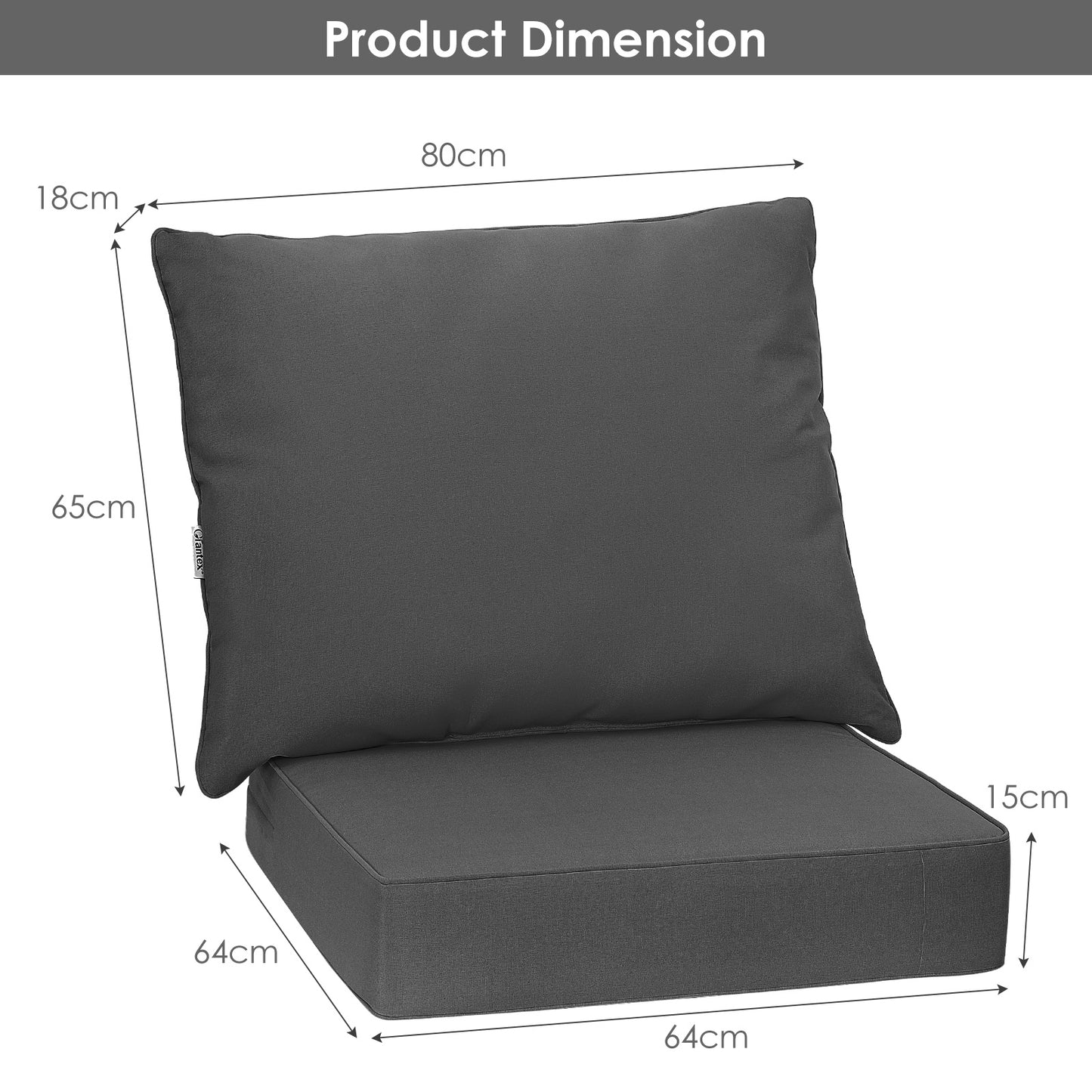 Costway Kussens voor Tuinmeubelen Zitkussen 64 x 64 x 15 cm + Rugleuning 80 x 65 x 18 cm Kussens voor Tuinstoelen Grijs