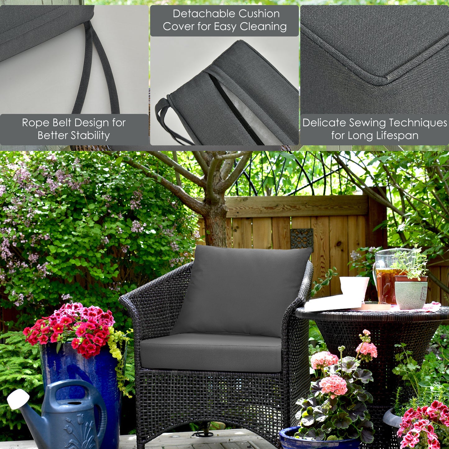 Costway Kussens voor Tuinmeubelen Zitkussen 64 x 64 x 15 cm + Rugleuning 80 x 65 x 18 cm Kussens voor Tuinstoelen Grijs