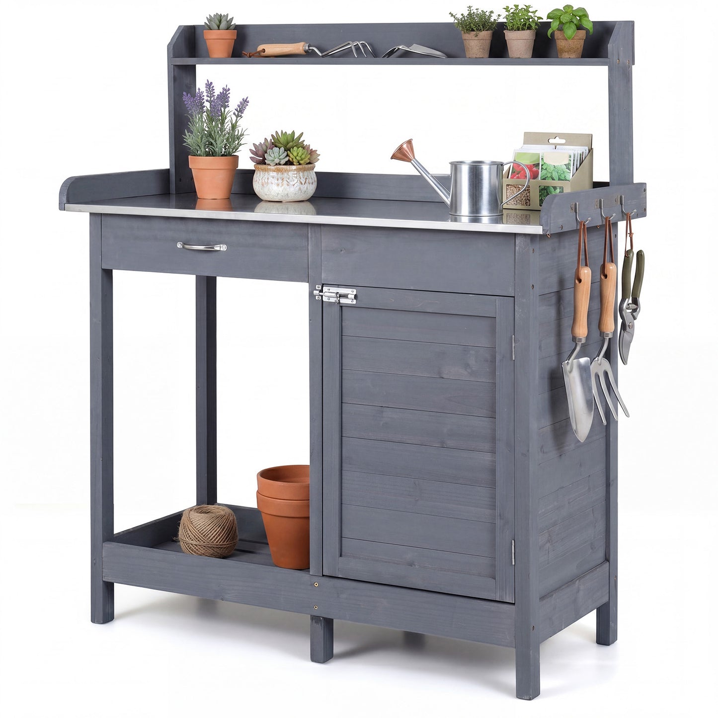 Costway Kweektafel met Roestvrijstalen Blad Tuintafel met Lade Onderkast Plank & 3 Haken 112 x 46,5 x 125 cm Grijs
