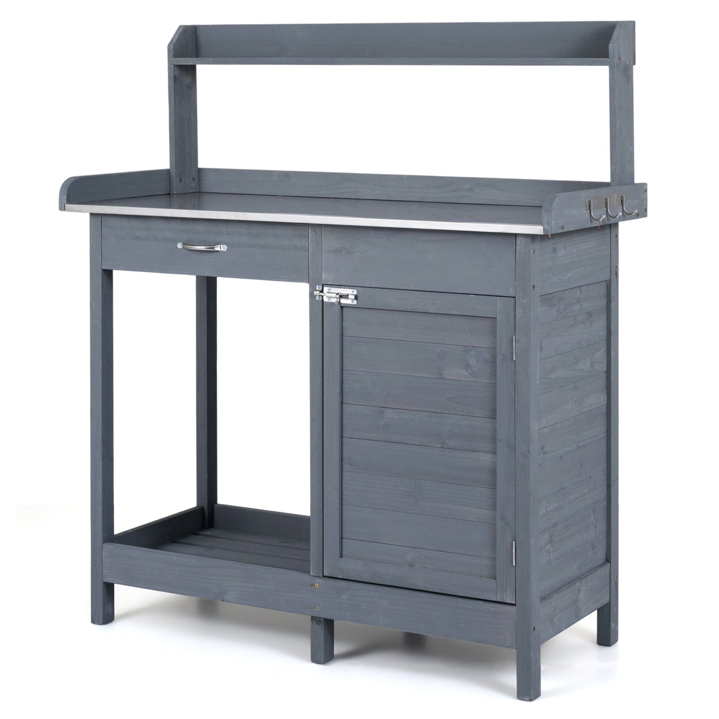 Costway Kweektafel met Roestvrijstalen Blad Tuintafel met Lade Onderkast Plank & 3 Haken 112 x 46,5 x 125 cm Grijs