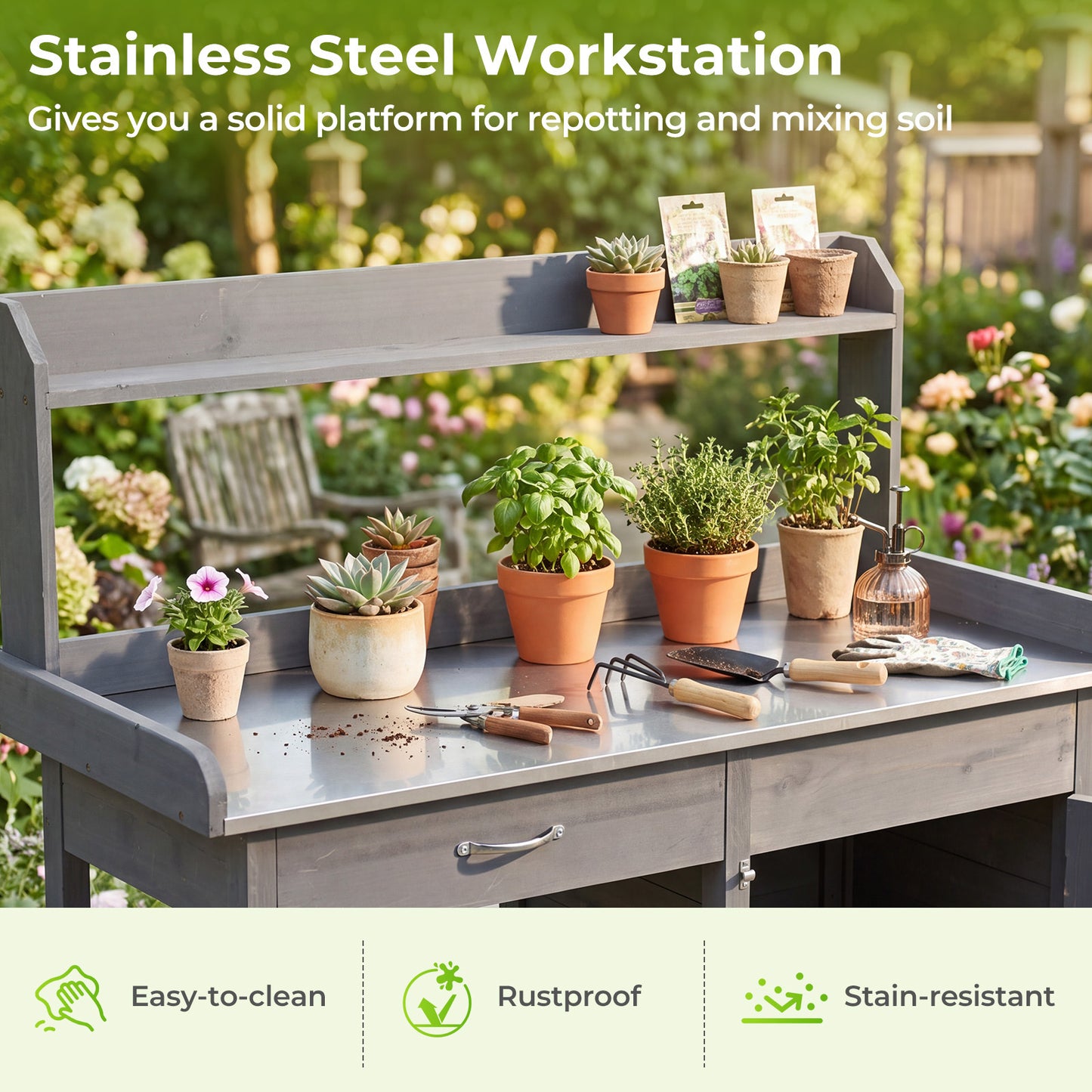 Costway Kweektafel met Roestvrijstalen Blad Tuintafel met Lade Onderkast Plank & 3 Haken 112 x 46,5 x 125 cm Grijs